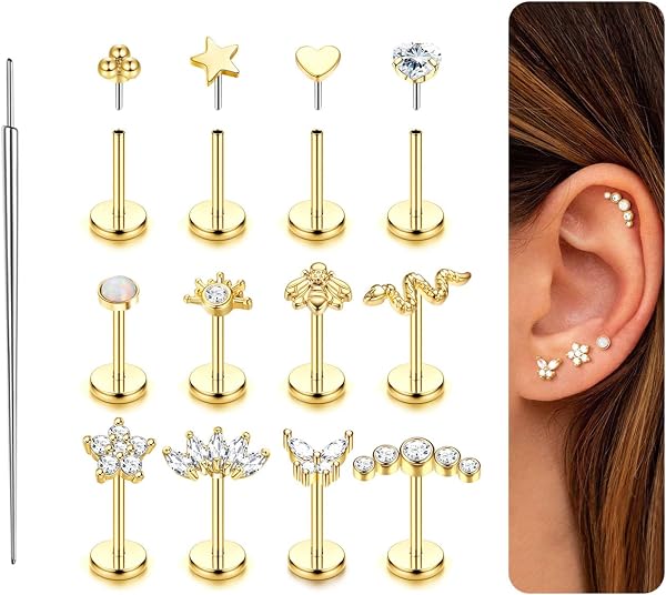 MILACOLATO 16G/18G/20G Piercing Tragus Stal Chirurgiczna Kobiety Bez Gwint Nierdzewny Kolczyki Piercing Nos Złoty Chrząstka Hipoalergiczny Piercing Ucho Helix Usta Złoto/Srebro 6/8 mm