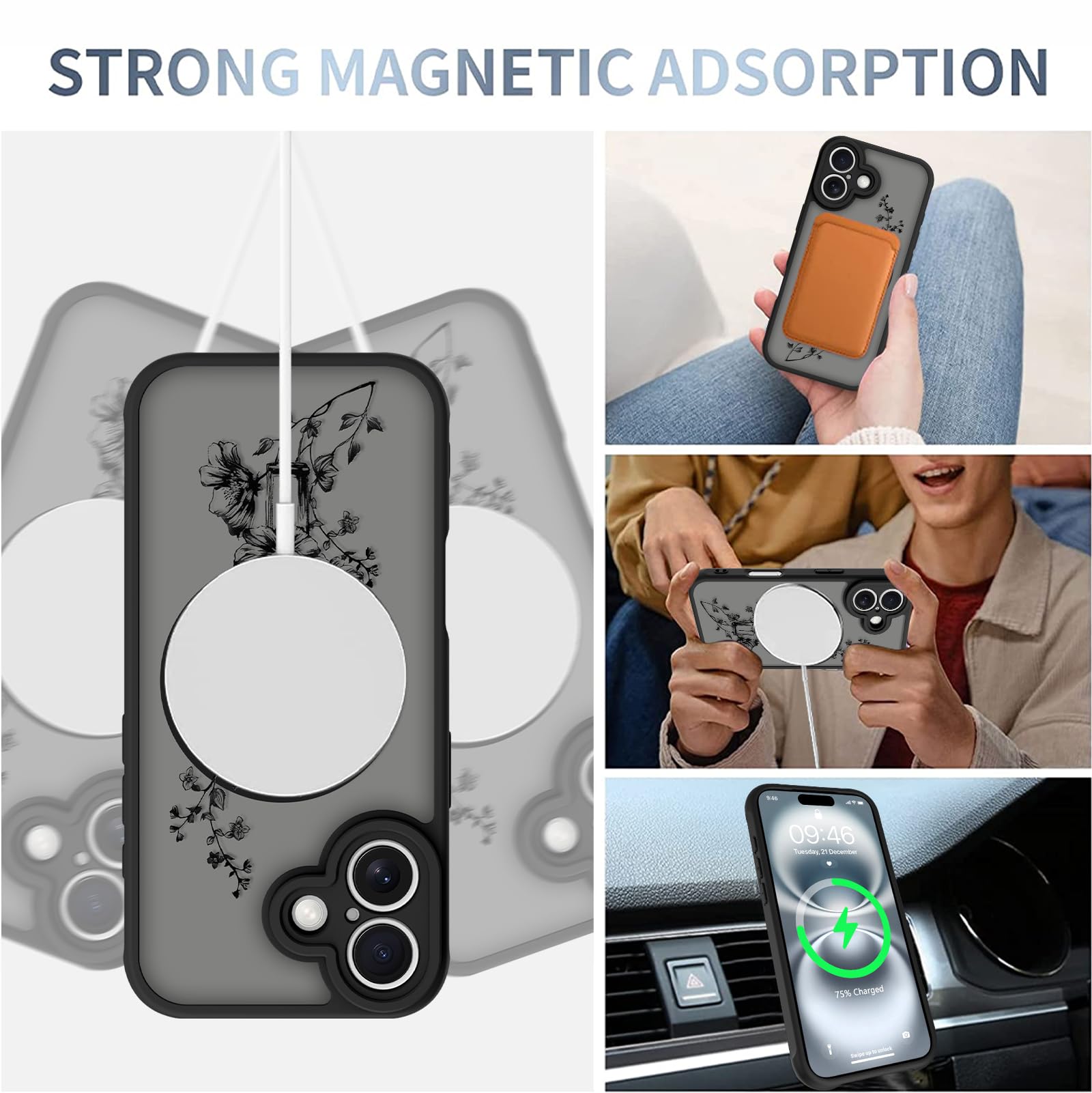 AIGOMARA Custodia magnetica per iPhone 16 Plus - Nero, fiore cristiano | [Compatibile con MagSafe] Cover posteriore rigida in morbido TPU anti-caduta antiurto elegante motivo floreale sottile