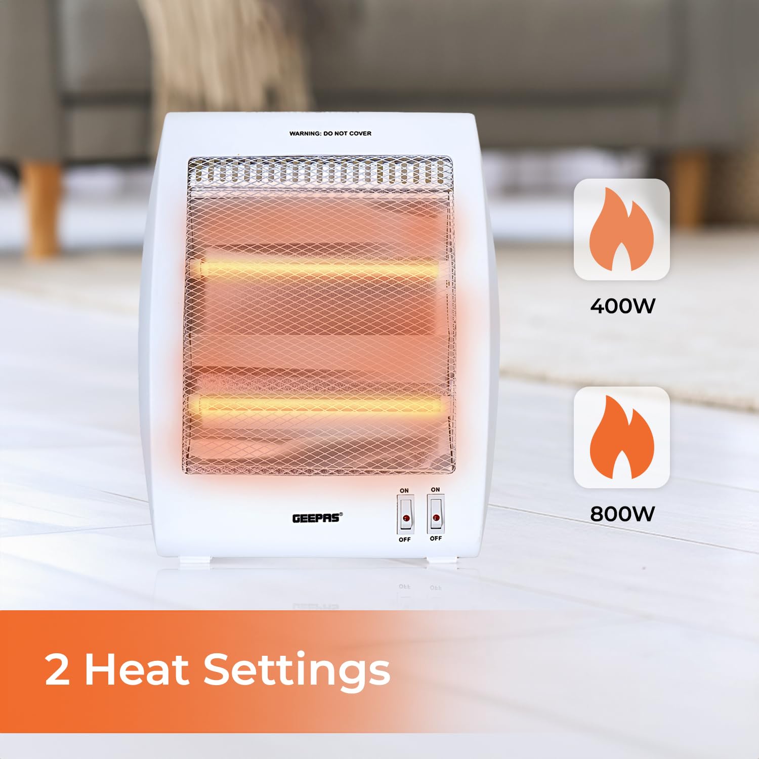 Geepas Quartz Halogen Heater –Portable Upright Electric Heater with 2 Heat Settings 400W/800W, Safety Tip Over Switch, Ideal for Home Office Caravans and Garages, 800 W, White – 2 Year Warranty :