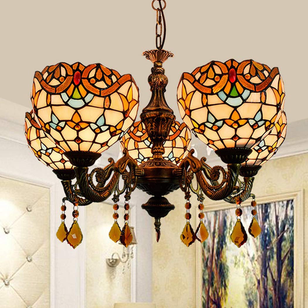 Żyrandol W Stylu Tiffany, Kreatywny Vintage Barokowe Szkło 3/5-Głowice Lampa Wisząca, Jadalnia Bar Kryształowe Lampy Wiszące, 5 Świateł
