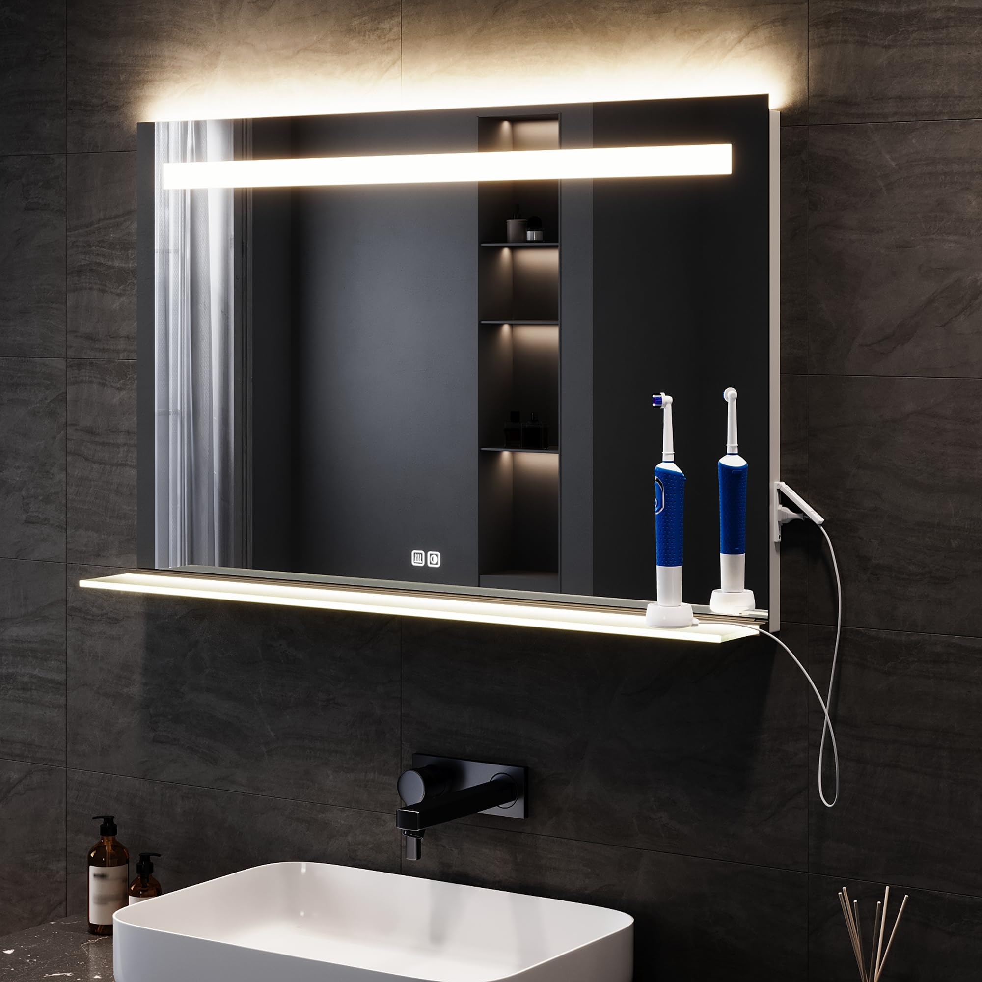 SONNI Lustro łazienkowe LED z półką 100 x 65 cm, dotykowe lustro łazienkowe z gniazdkiem, 3 kolory światła, funkcja zapobiegająca zaparowaniu i pamięci, 100 x 65 cm