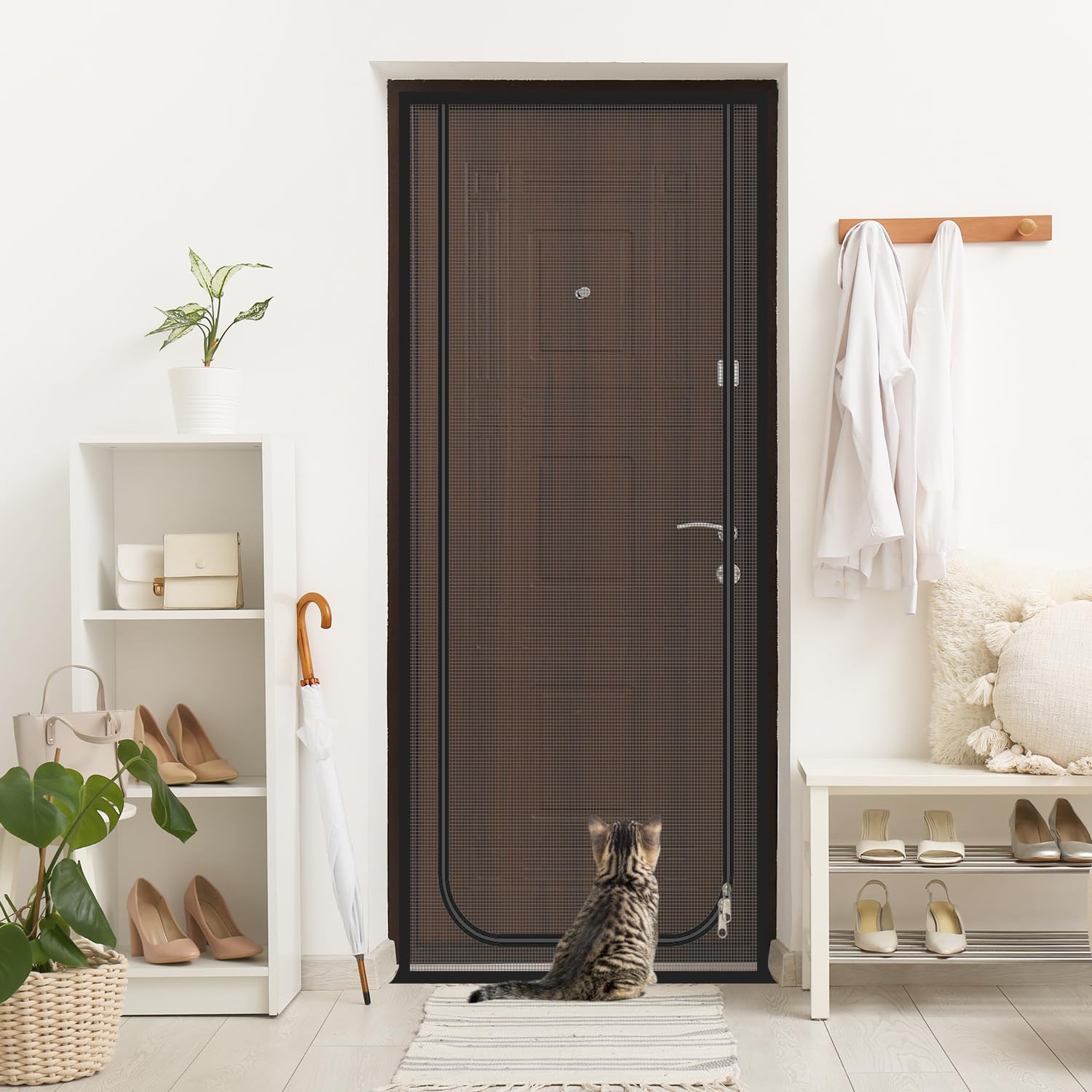 Porte moustiquaire pour chats 85x200cm, porte pour animaux avec fermeture éclair double face, maille renforcée anti-rayures pour chats et chiens (en U - gris)