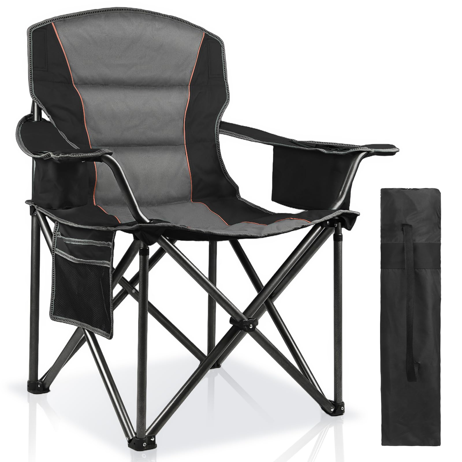 LANMOUNTAIN Oversized Padded Camping Chairs for Adults,Heavy Duty Support 400 Lbs,Folding Portable Lawn Chair w/Cup Holder,Cooler Bag,Side Pocket,Perfect for Outdoor Picnic,Hiking(Black)