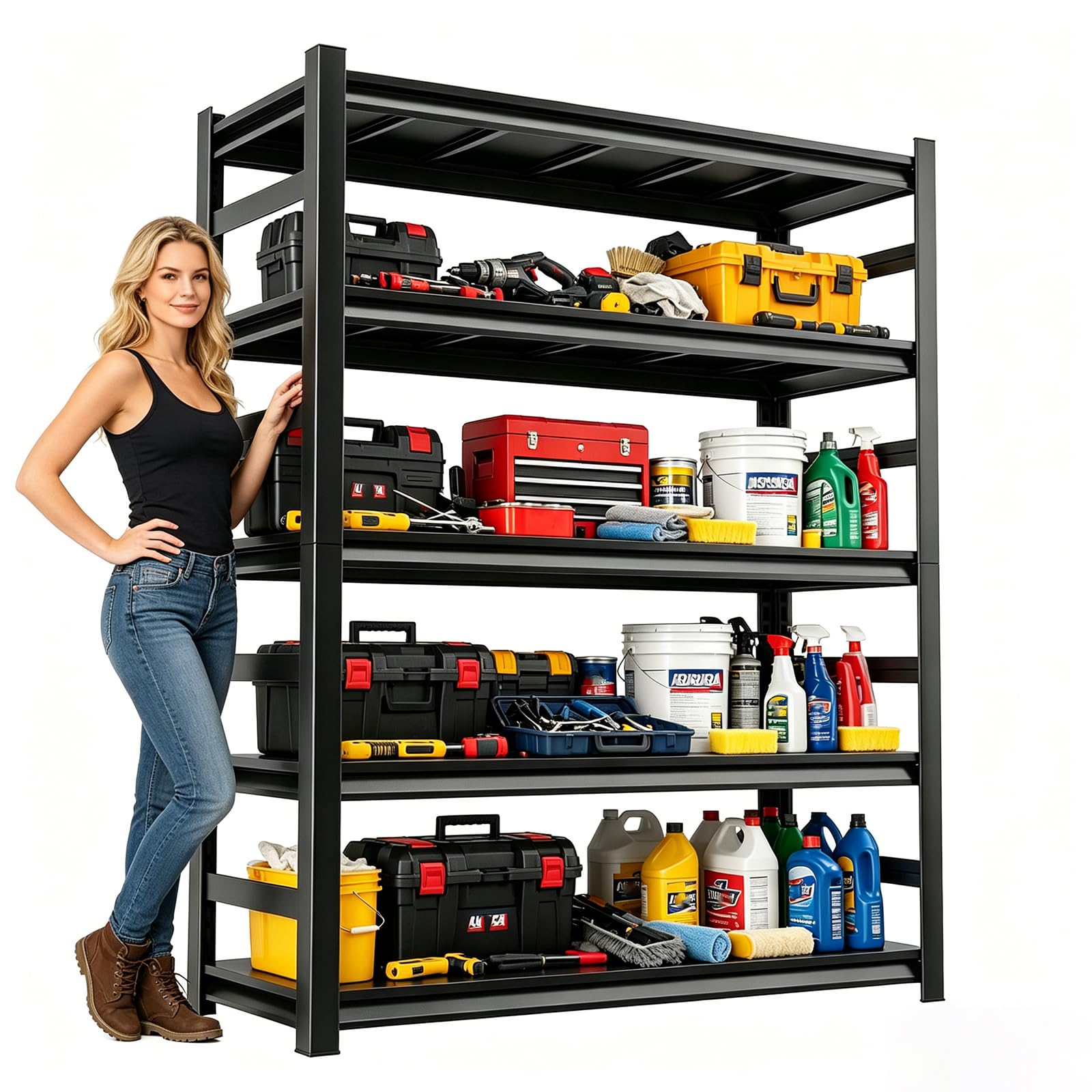 Scaffalatura per garage in metallo a 5 livelli, 36 ampi e resistenti, regolabili, in acciaio, profondità 40,6 cm, per industriali, dispensa, magazzino, cantina, cucina, colore nero, altezza