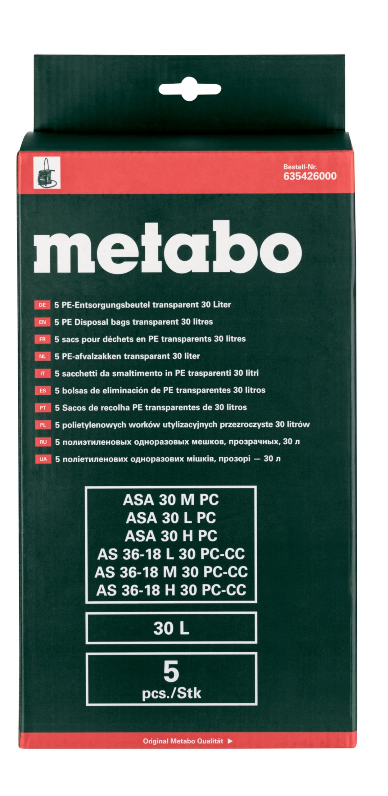 Metabo 5 worków utylizacyjnych PE 30 litrów – Przezroczyste, do odkurzaczy do pracy na mokro i sucho, duża pojemność, trwałe – Idealne do pyłu drobnego – Kompatybilne z ASA 30 M PC i ASA 30 L PC