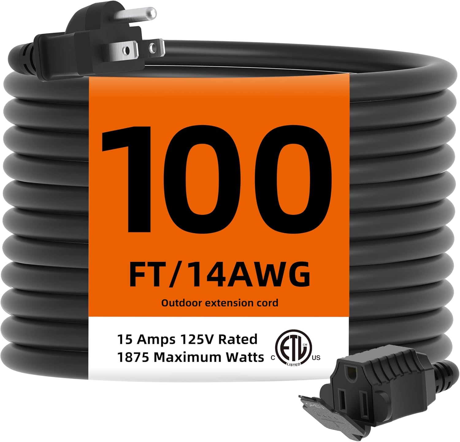 TiFFCOFiO Indoor Outdoor Extension Cord Waterproof, 100 Feet 3 Prong Power Cord for Home and Garden, 16 AWG, 13A/1625W, ETL Listed