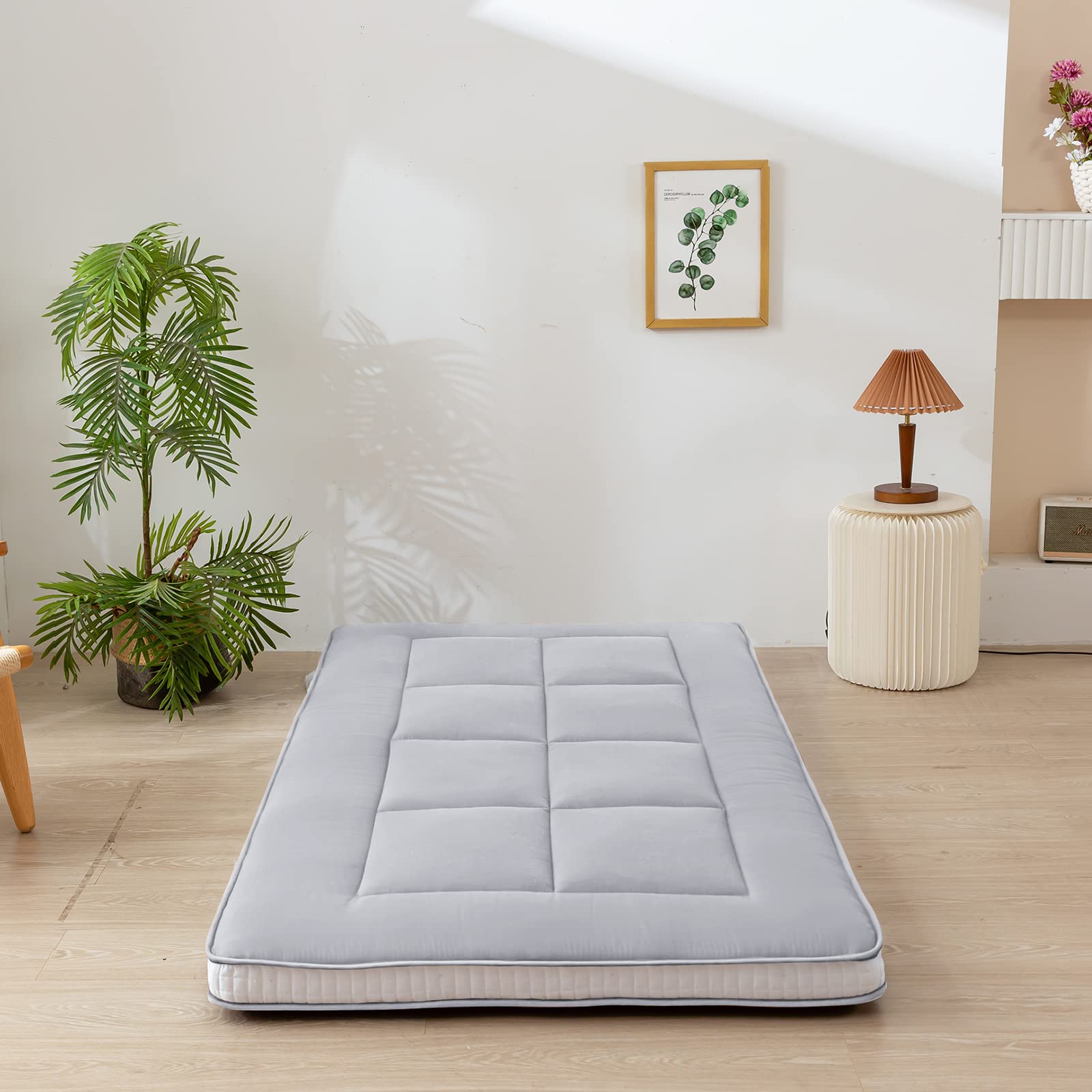 MAXYOYO Twin Bed Mattress Japanese Floor Mattress Futon Mattress, Twin Mattress Pad Camping Mattress Floor Bed Mattress Topper, Easy to Foldable and Portable, Grey Futon Single Mattress