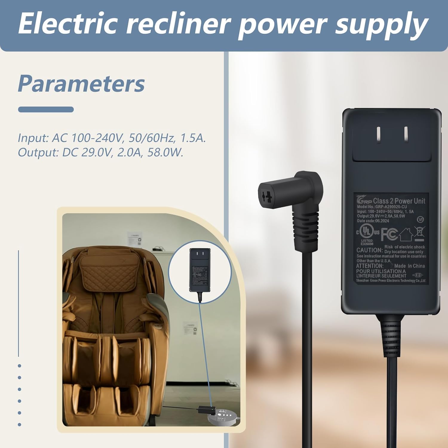 29V 2A Massage Chair AC/DC Power Supply, Recliner Chair Power Adapter with Extension L Shape Cable Cord for Limoss, Electric Power Recliners, Lift Chairs and Adjustable Beds