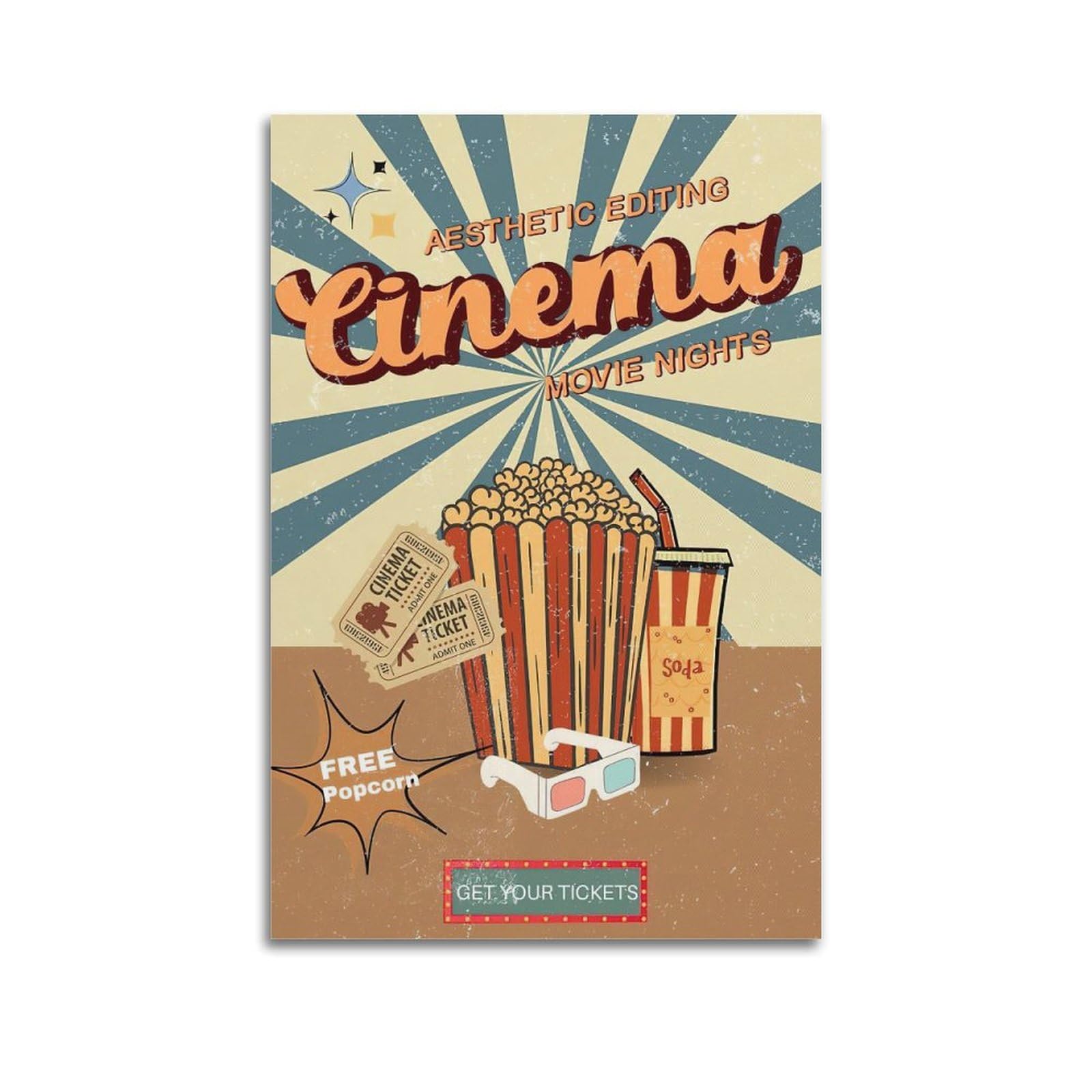 DLJGDS Vintage Poster with Cinema Tickets And Popcorn Decorative Painting Canvas Wall Posters And Modern Family Bedroom Decor 24x36inch(60x90cm)