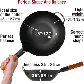 YOSUKATA Carbon Steel 11.8 Stir Fry Wok Pan + 17 Spatula and Ladle - Set of 2 Heat-Resistant Wok Tools + Reusable Natural Wooden Long Cooking Chopsticks Set of 3 pairs + Wok Lid 11.4 In