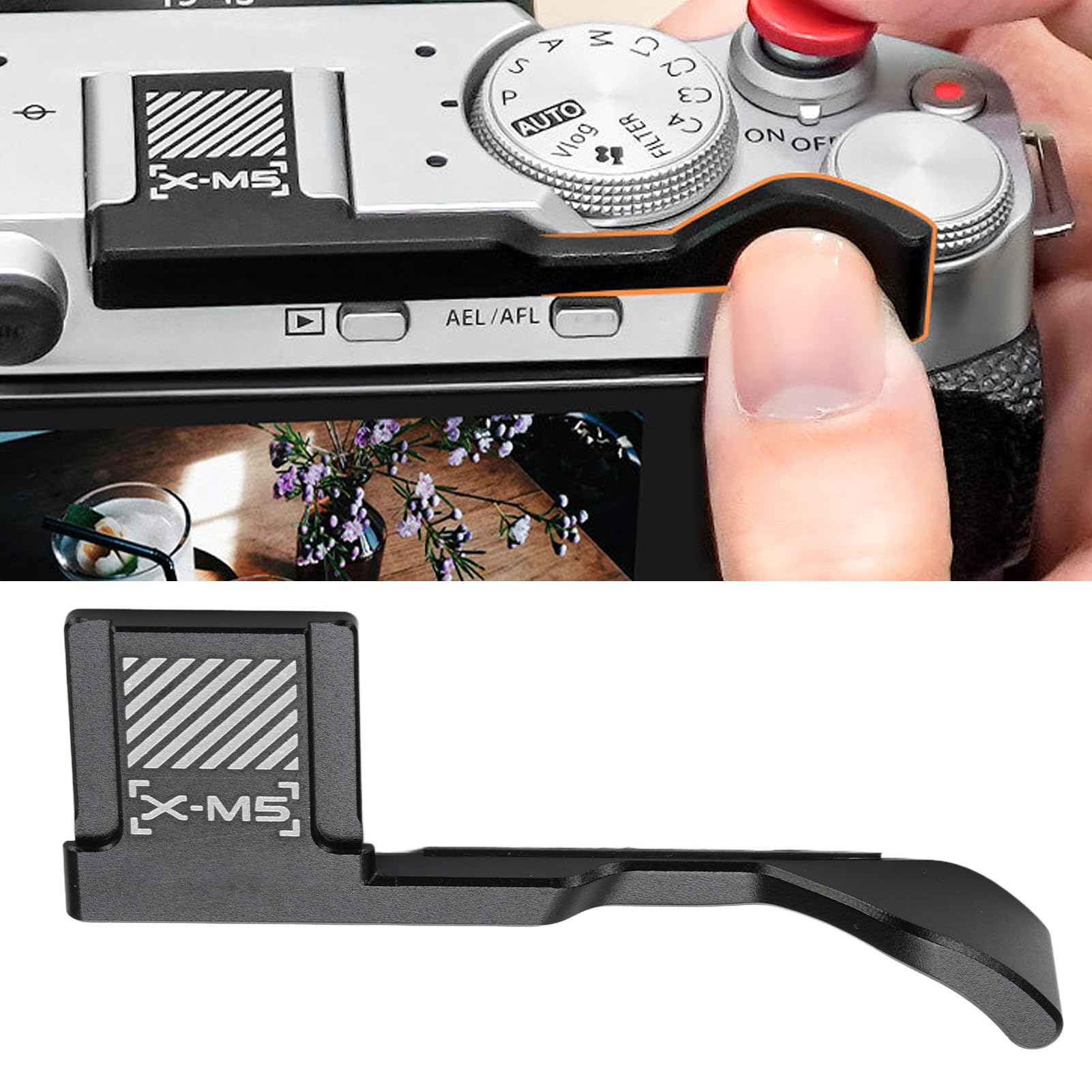 Lazmin112 Uchwyt na Kciuk, Ergonomiczny Uchwyt ze Stopu Aluminium z podkładką silikonową do Aparatu XM5, Antypoślizgowa Podstawka na Kciuk z gorącą stopką Akcesoria Fotograficzne (BLACK)