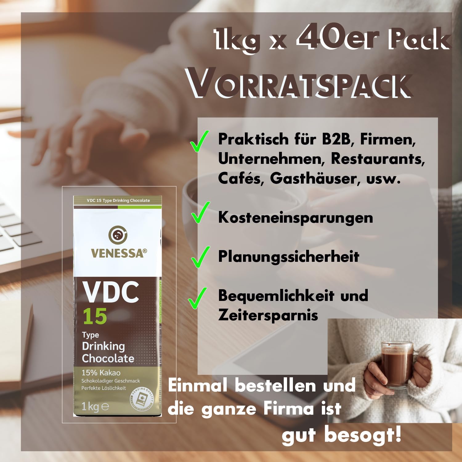 Venessa VDC 15 czekolada do picia 40 x 1 kg o najdelikatniejszym aromacie, 15% wysokiej zawartości kakao/mleka, kakao w proszku dla firm, restauracji, hoteli, nadaje się do wszystkich zastosowań