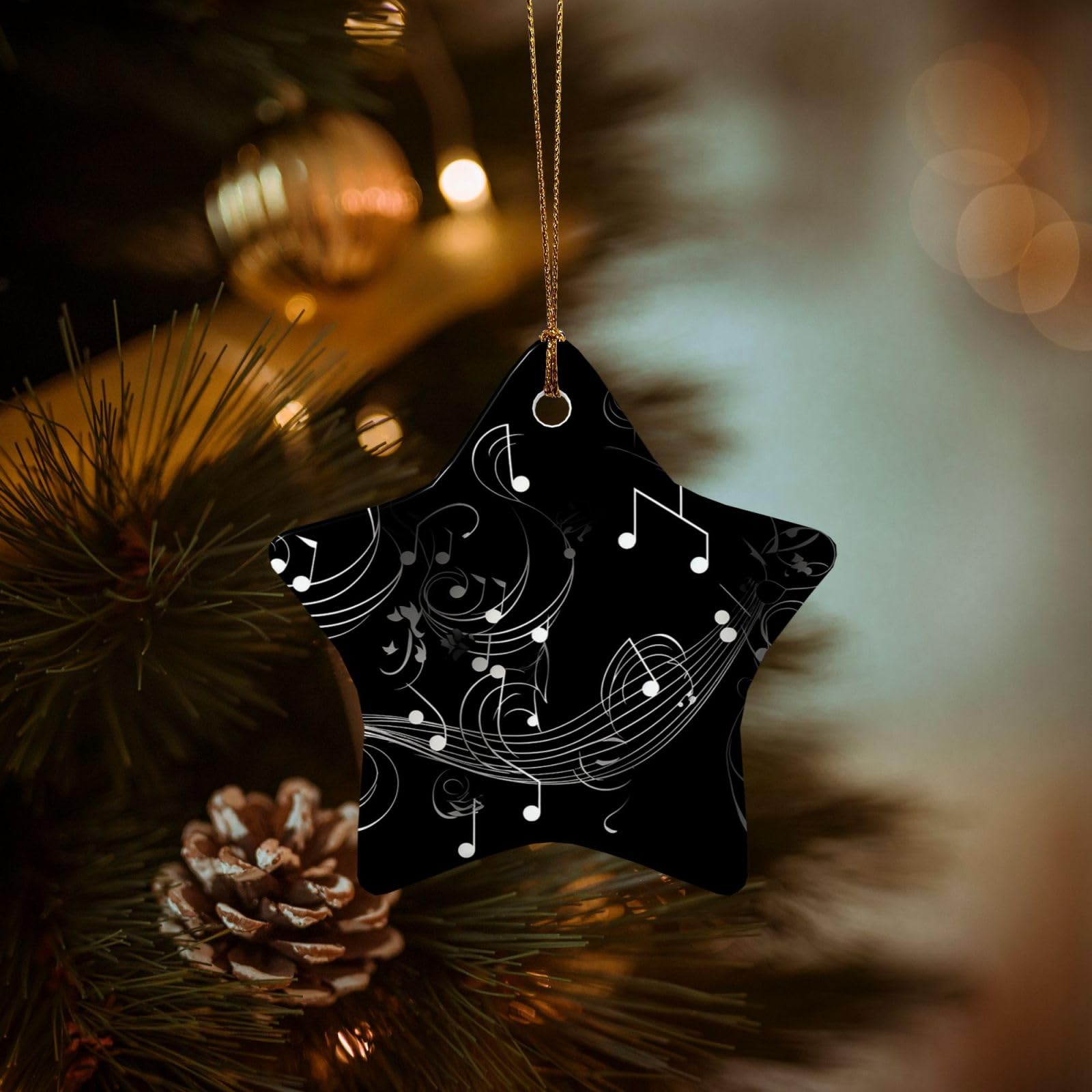 Christmas Tree Ornaments Ceramics Christmas Decorations Black Note Ornaments with Gold Ribbon Porcelain Xmas Tree Crafts Star Shape Hanging Pendant for Christmas Tree Party Decor
