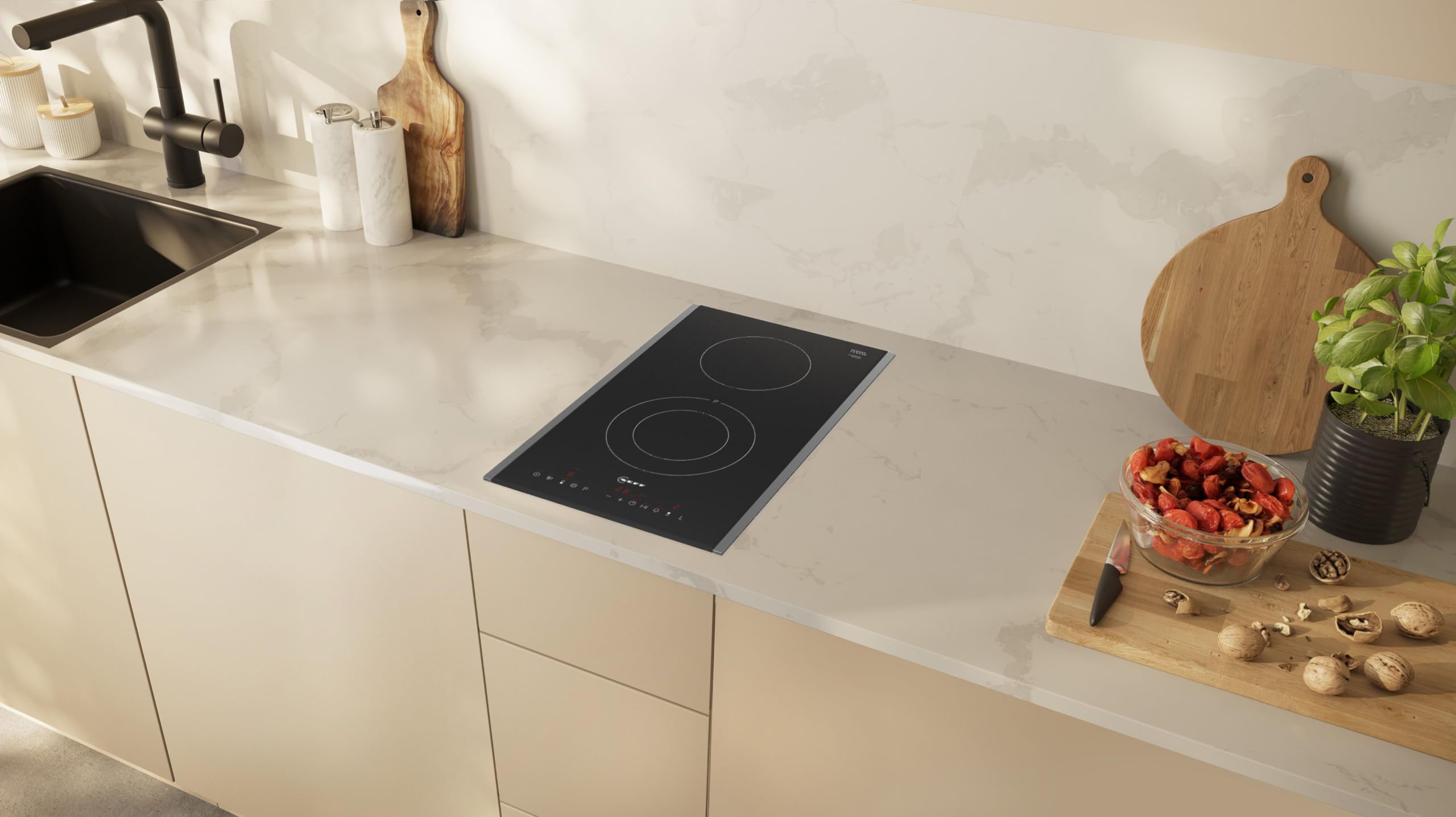 NEFF T13TDF9L8, N 70, piano cottura Domino, 30 cm, piano cottura elettrico autosufficiente, funzionamento TouchControl, livello di potenza – cottura più veloce, nero con cornice sospesa