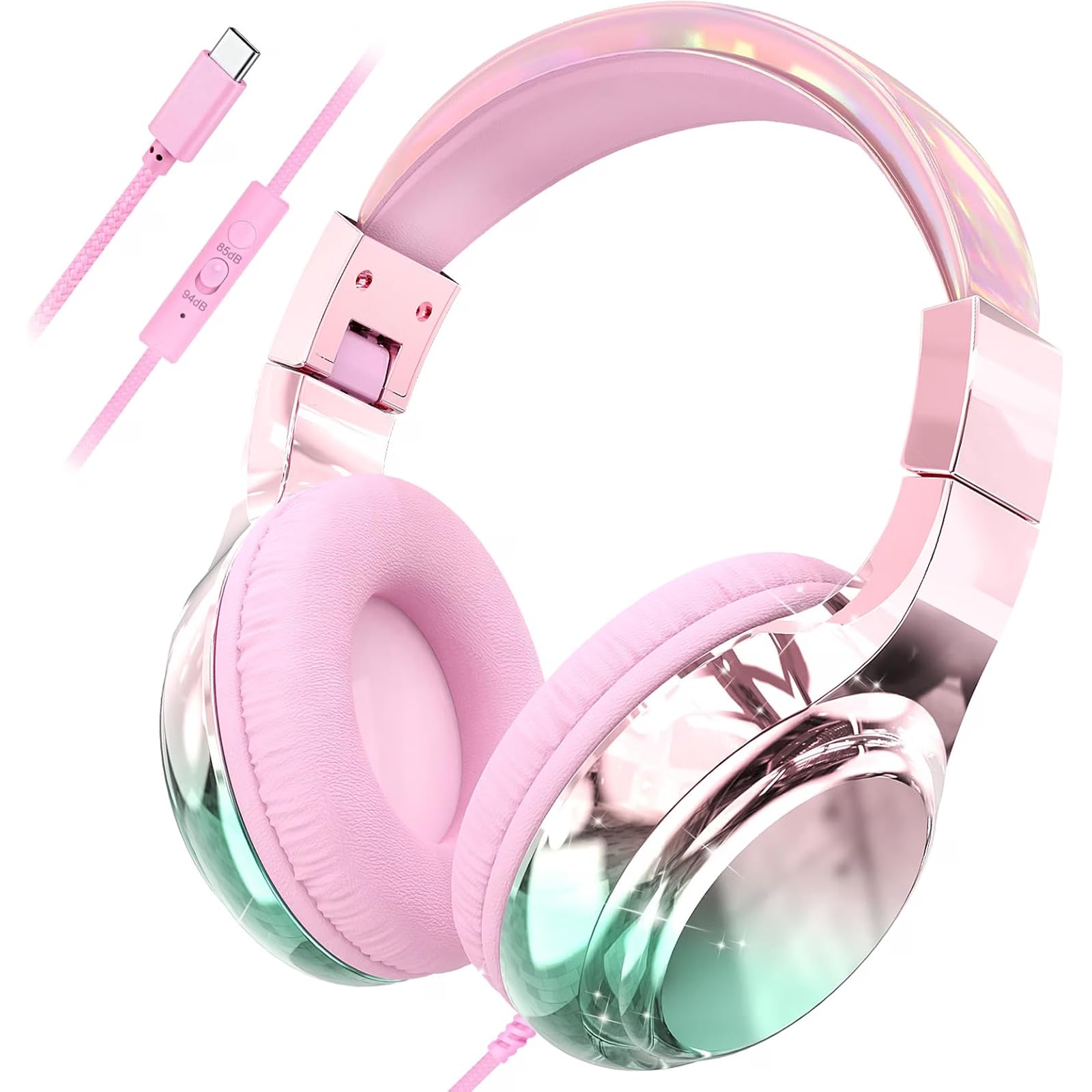QearFun USB C Kids Wired Headphones with Mic, 85/94dB Safe Volume Limit