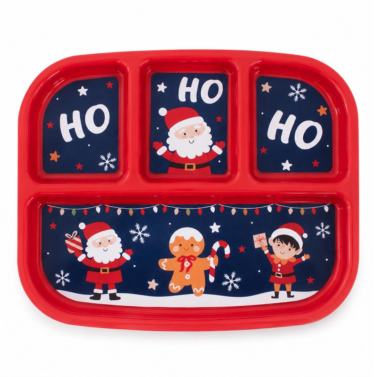 4 Section Christmas Dinner Plate Plastic Red Blue Ho Ho Ho Santa 28 x 23cm