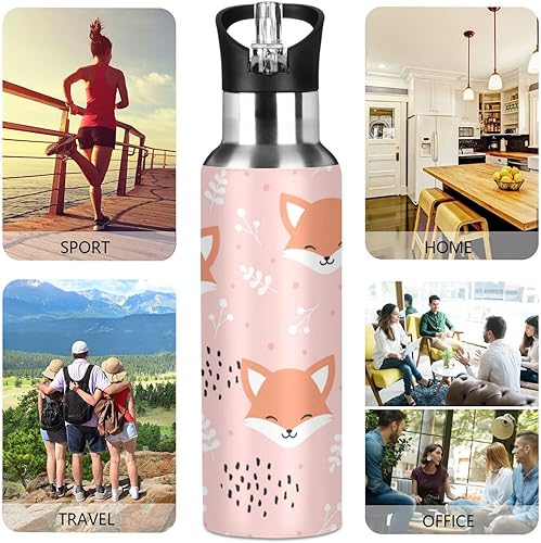 Miniatura 5 de ZZKKO Botella de agua con pajilla, botella de hierro de acero inoxidable con diseño de zorro lindo, botella de agua para uso diario, botella de