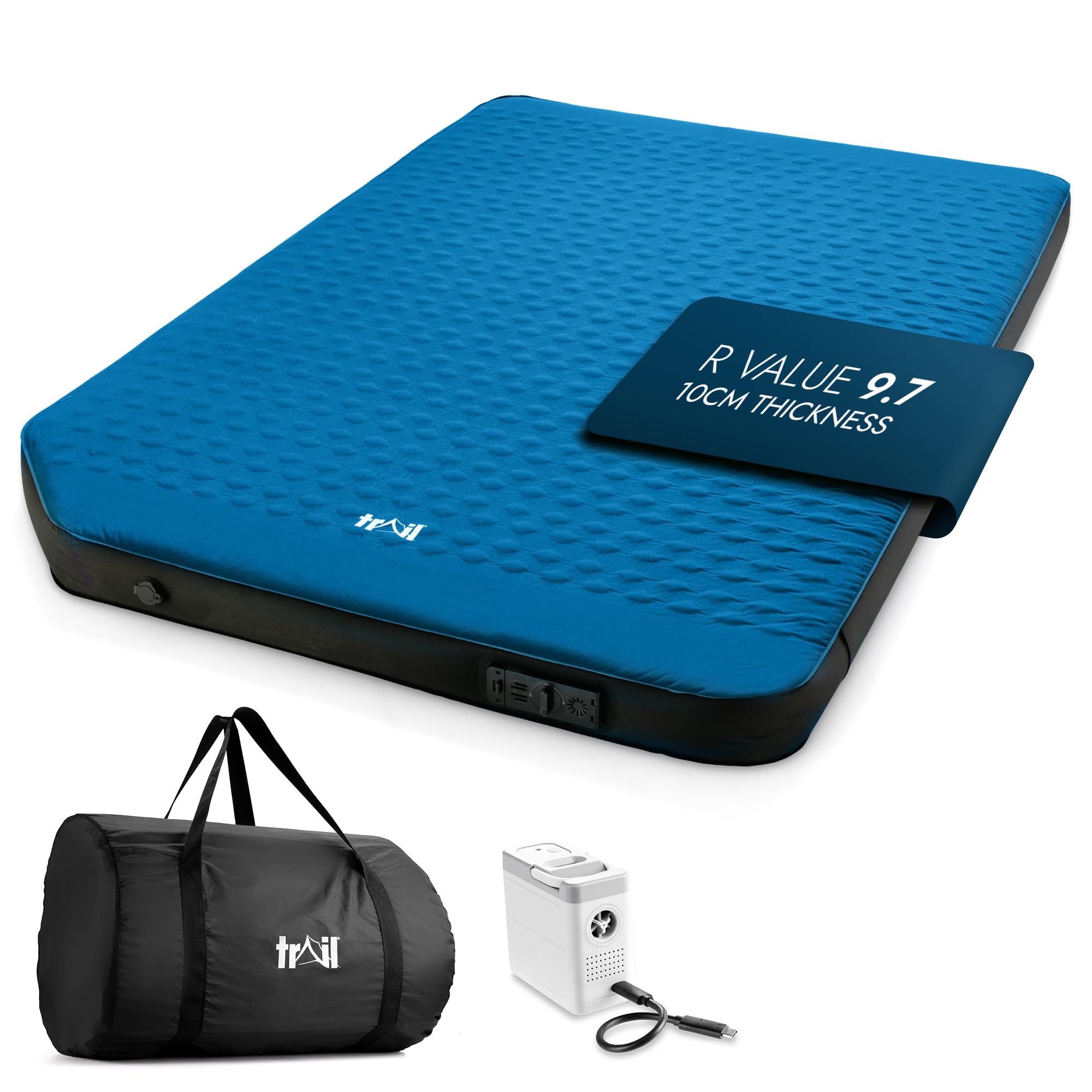 Trail Inflatable Campervan Mattress with Rechargeable Pump, Fits Full-Size & 3/4 Rock & Roll Beds, Air Sleeping Pad with 3D Box Wall Sides & Memory Foam Core, Reversible for Left & Right Side Layouts