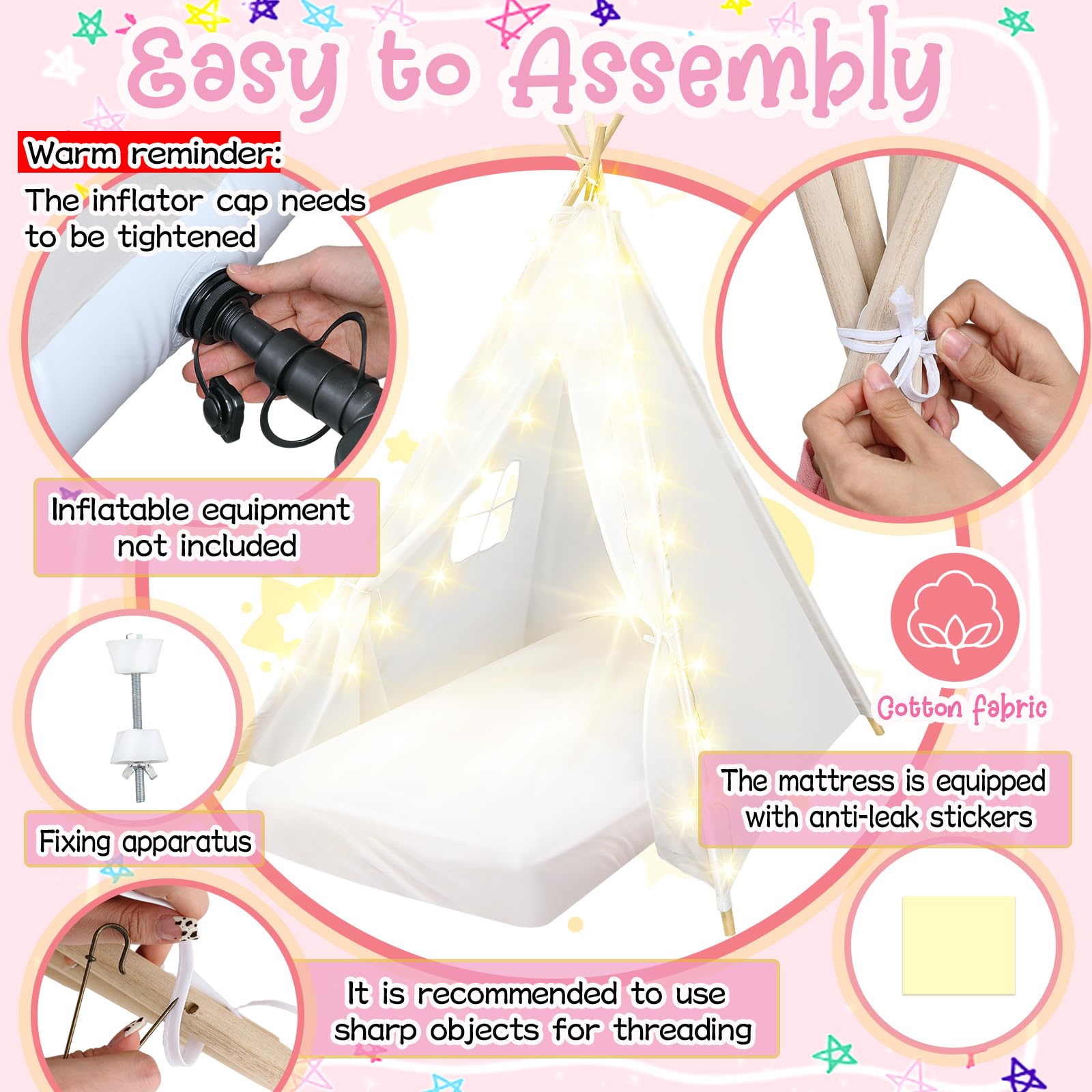 Paquete de 8 tiendas de campaña para fiestas de niñas, tipi para fiestas de pijamas infantiles, a granel con cuerda de luz, colchón de aire, sábana bajera, algodón natural lavable, tipi para 3