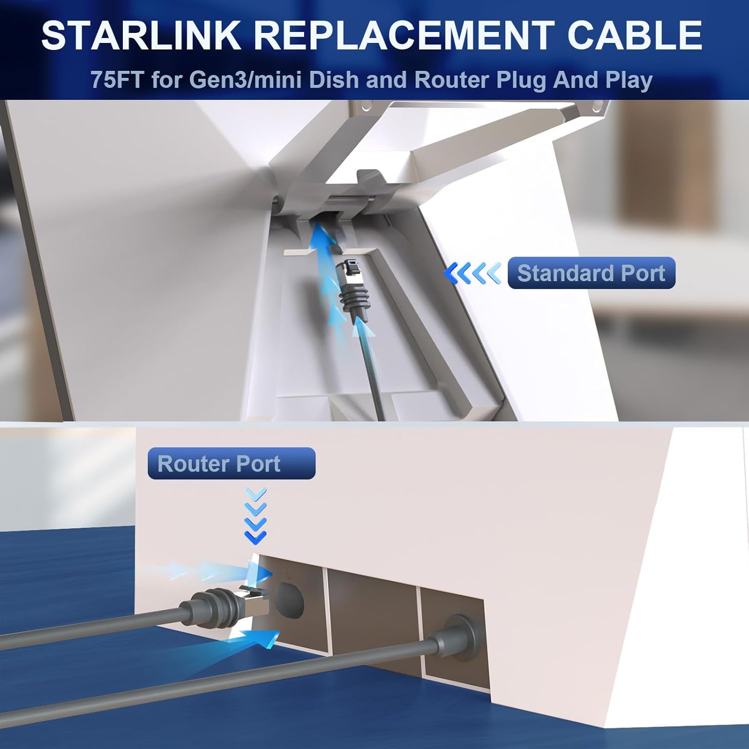 75FT Starlink Gen 3 Cable, Waterproof Satellite Replacement Standard V3 Cord, for Starlink Rectangular Satellite Gen 3 Cable Extension Accessories (75FT/23M)，Gray