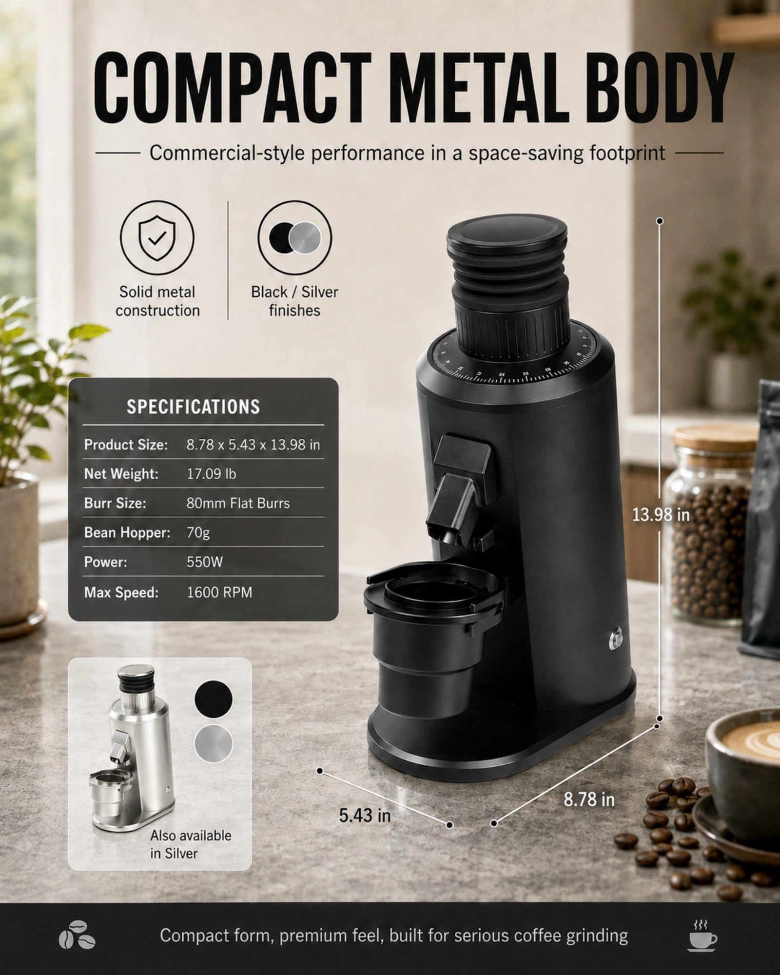 Molinillo de Café Single Dose 80mm, Molinillo Espresso Eléctrico con Muelas Planas, Ajuste 0-100, Velocidad 800-1600 RPM, Depósito 70g, Compatible Portafiltro 58mm, 550W Black