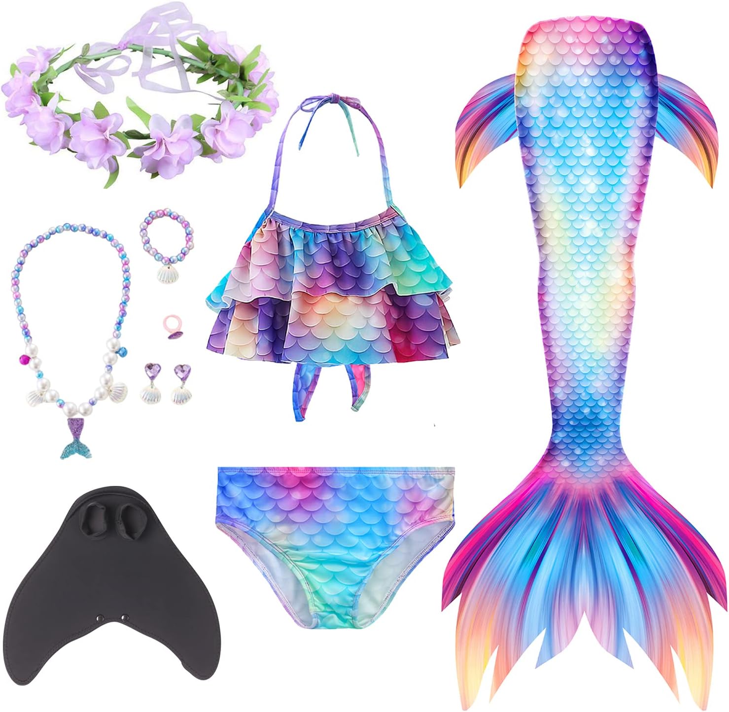 6PCS Mermaid Bathing Suits for Girls Swimsuit with Monofin Cosplay Costume Mermaid Princess Bikini Set for 3-12Y