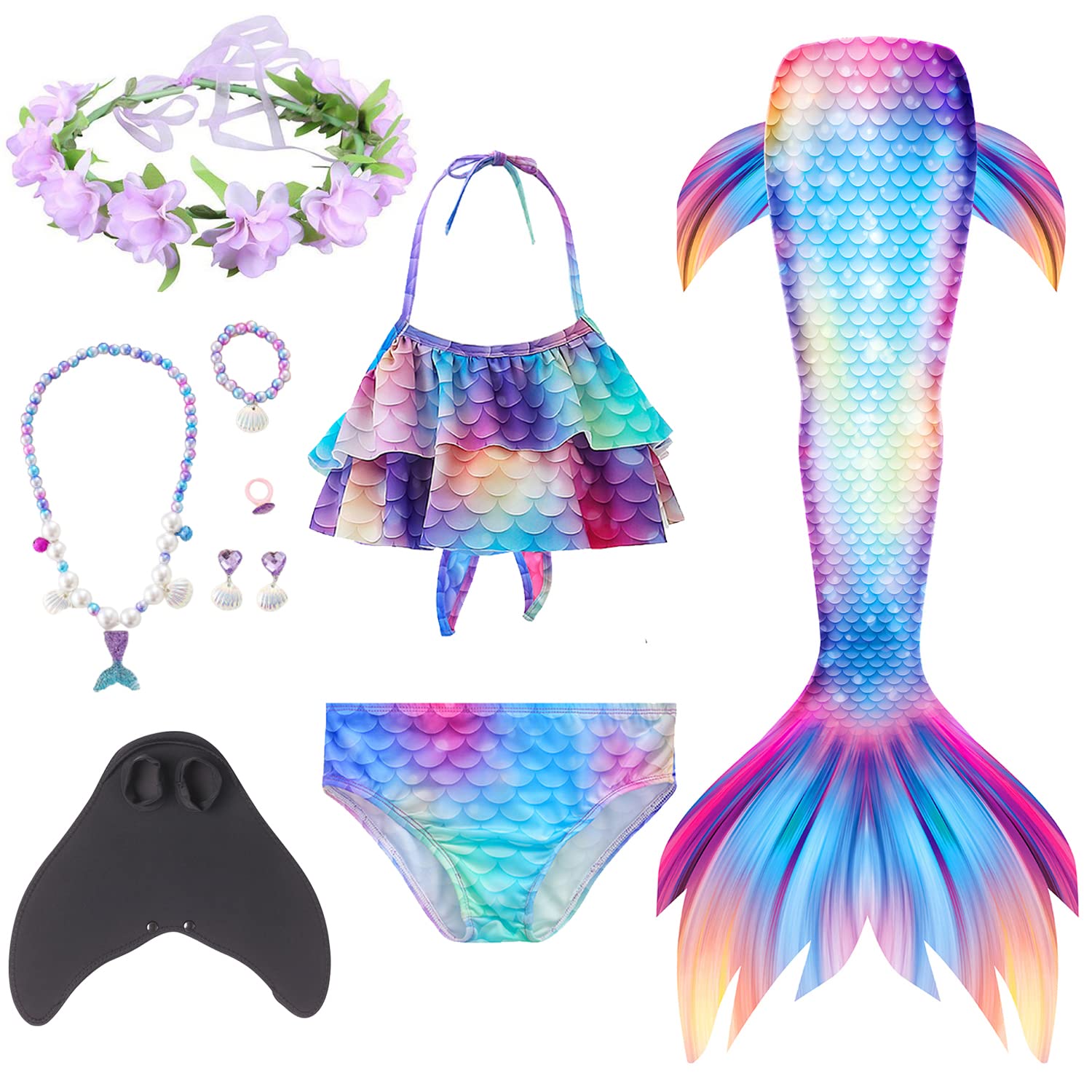 6PCS Mermaid Bathing Suits for Girls Swimsuit with Monofin Cosplay Costume Mermaid Princess Bikini Set for 3-12Y