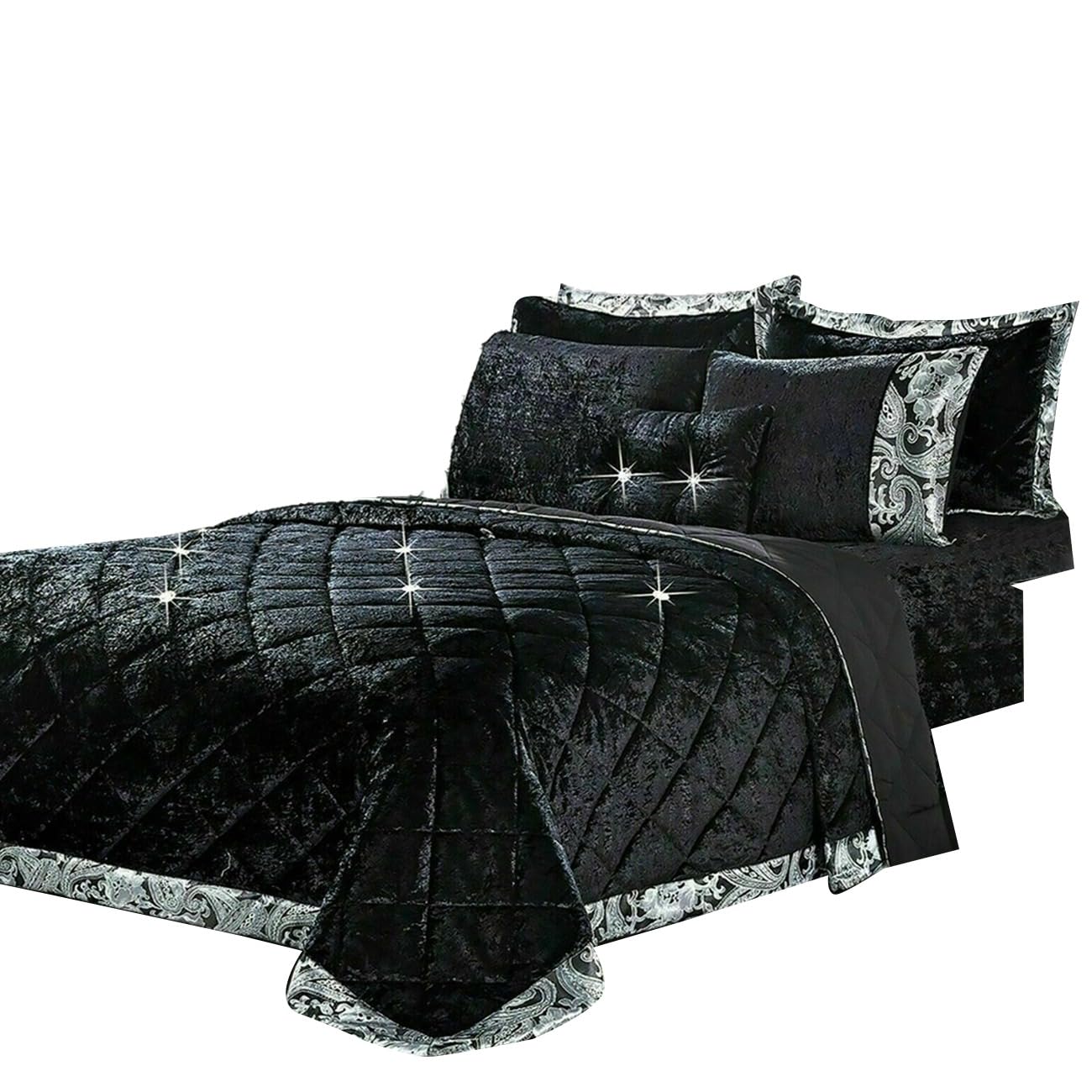 Luxurious And Stylish 3 Piece Velvet Quilted Bedspread Throw Luxury Bedding Set Double King Super King (Double, Black-Velvet Bedspread) — image 1