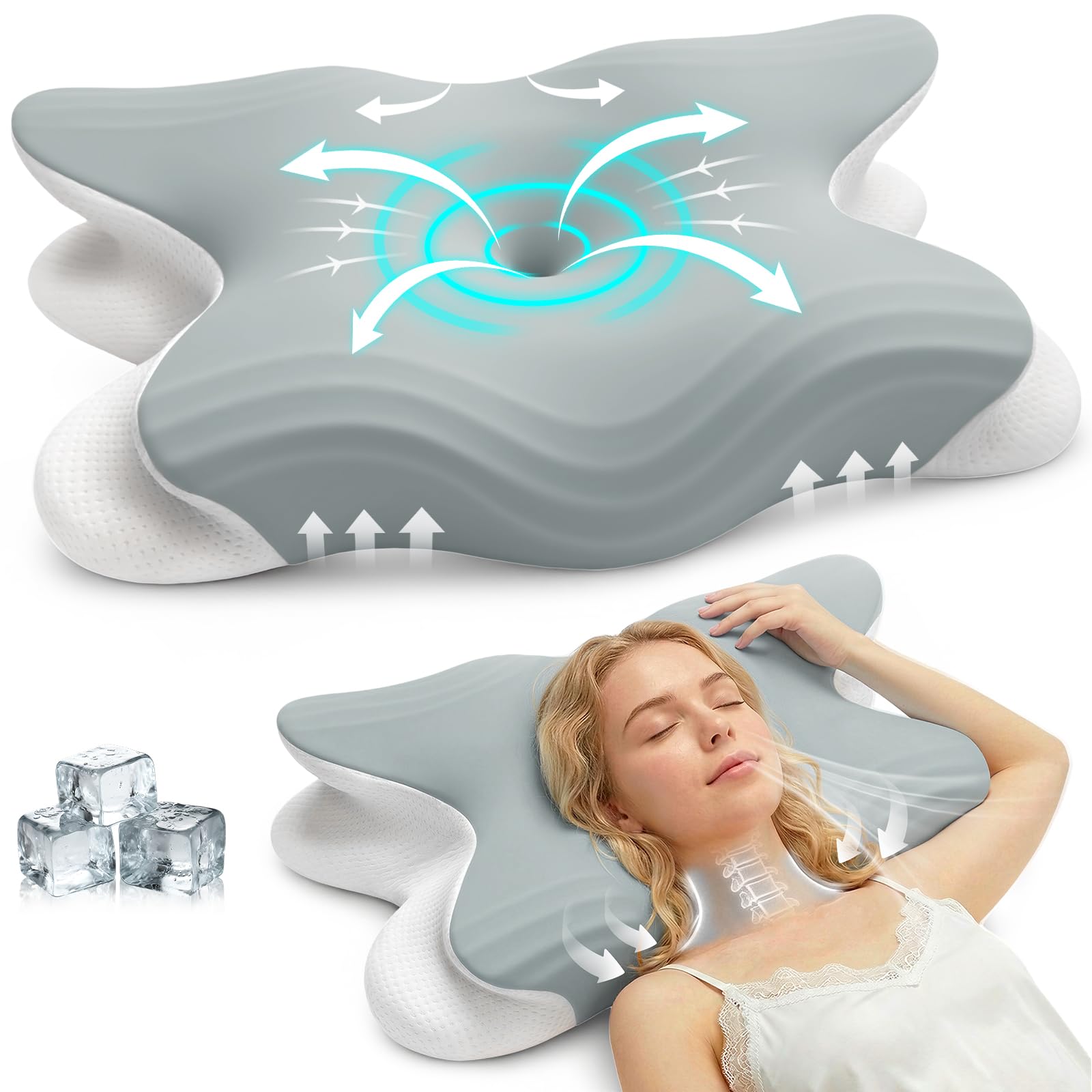 Almohada Ergonómica de Espuma Viscoelástica 2 en 1 – Reduce el Dolor de Cuello y Hombros, Adecuada para Dormir de Lado, Boca Arriba y Boca Abajo, Altura Regulable 11 cm/13 cm (Gris)