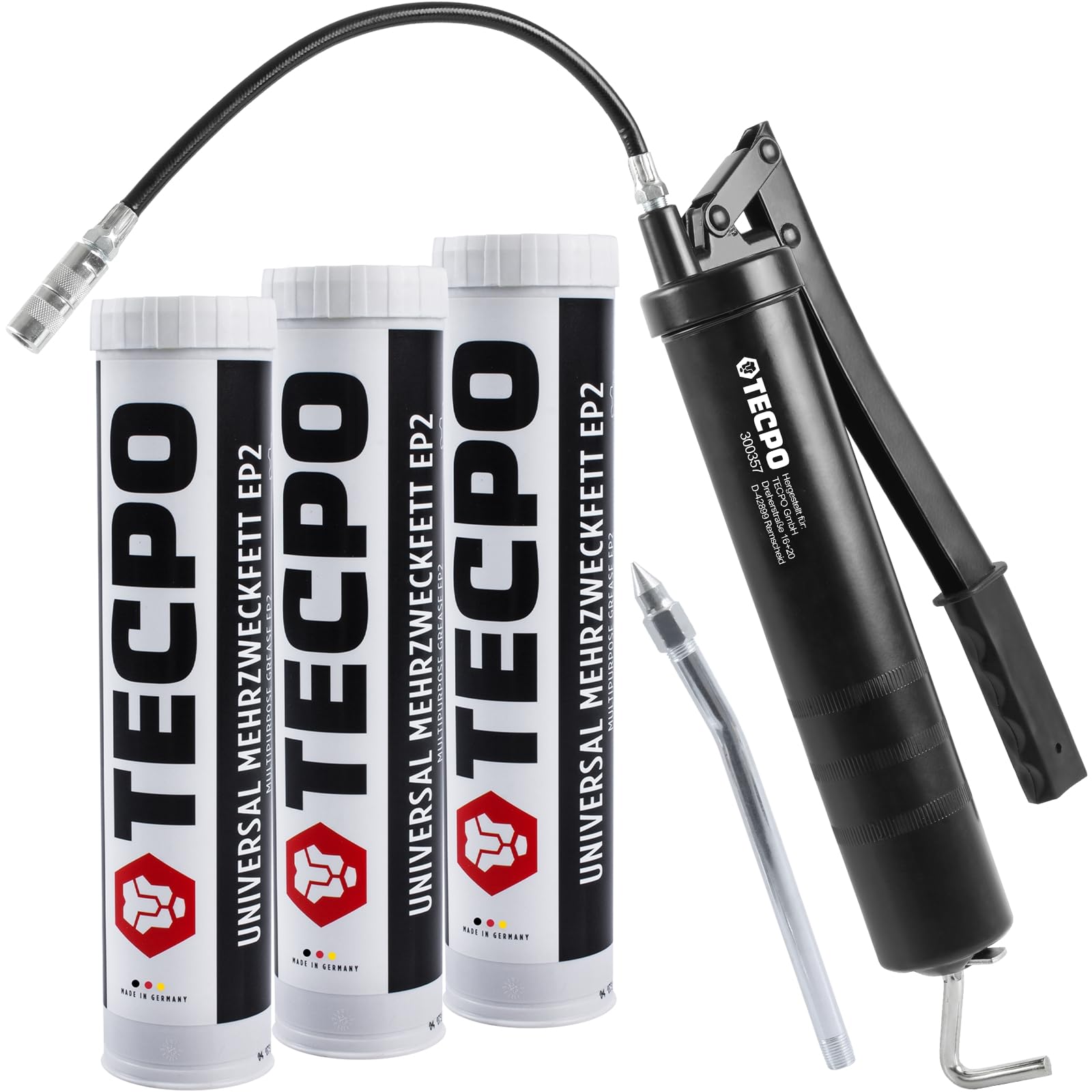 TECPO Universal Mehrzweckfett EP2 400g Kartusche Lithiumfett KP2K-30 + Einhandfettpresse