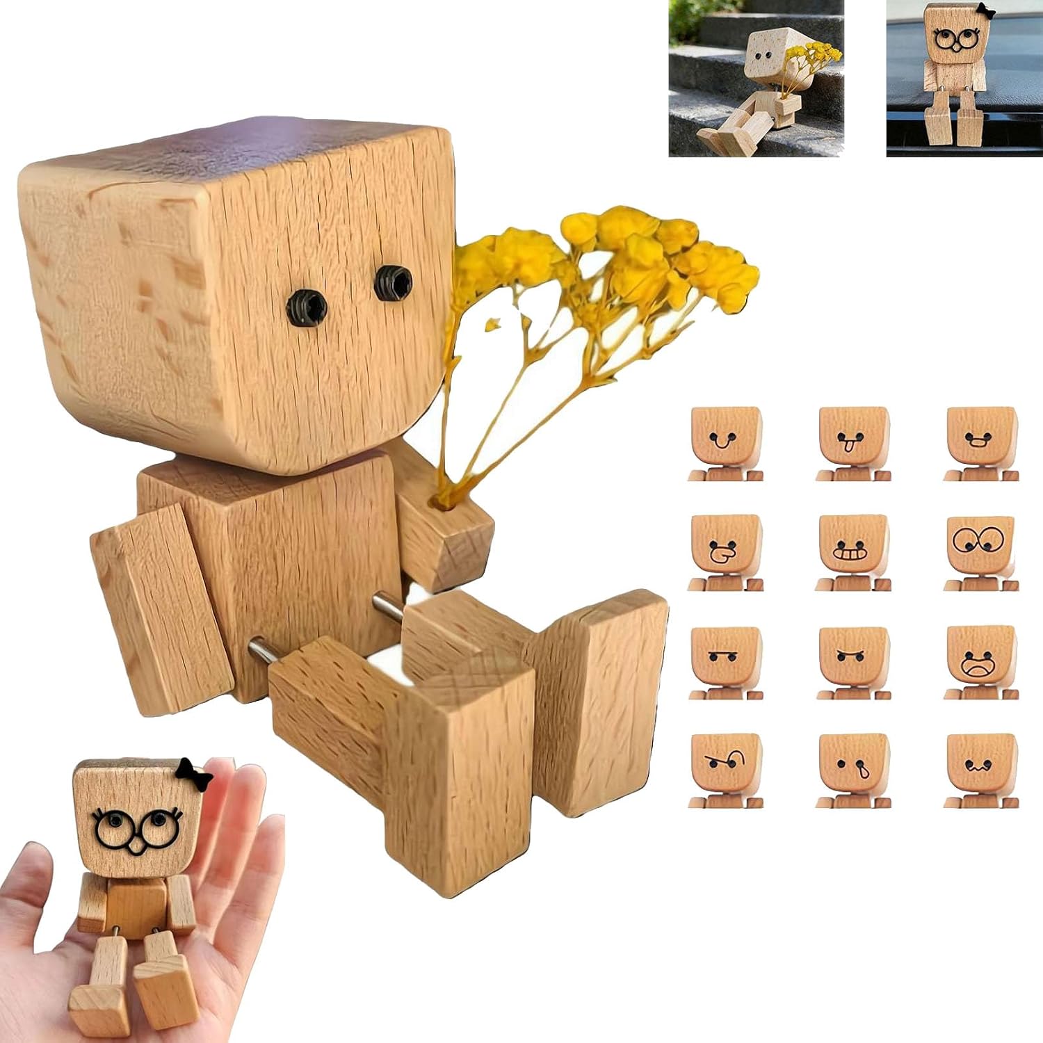 Shaking Wooden Man Figurine, Valentines Day Gifts for Him Her Women,Shaking Feet Wooden Doll with 12pcs Magnetic Expressions,Funny Dashboard Figurine,Handmade Wobble Doll for Car Accessories (WoodA)