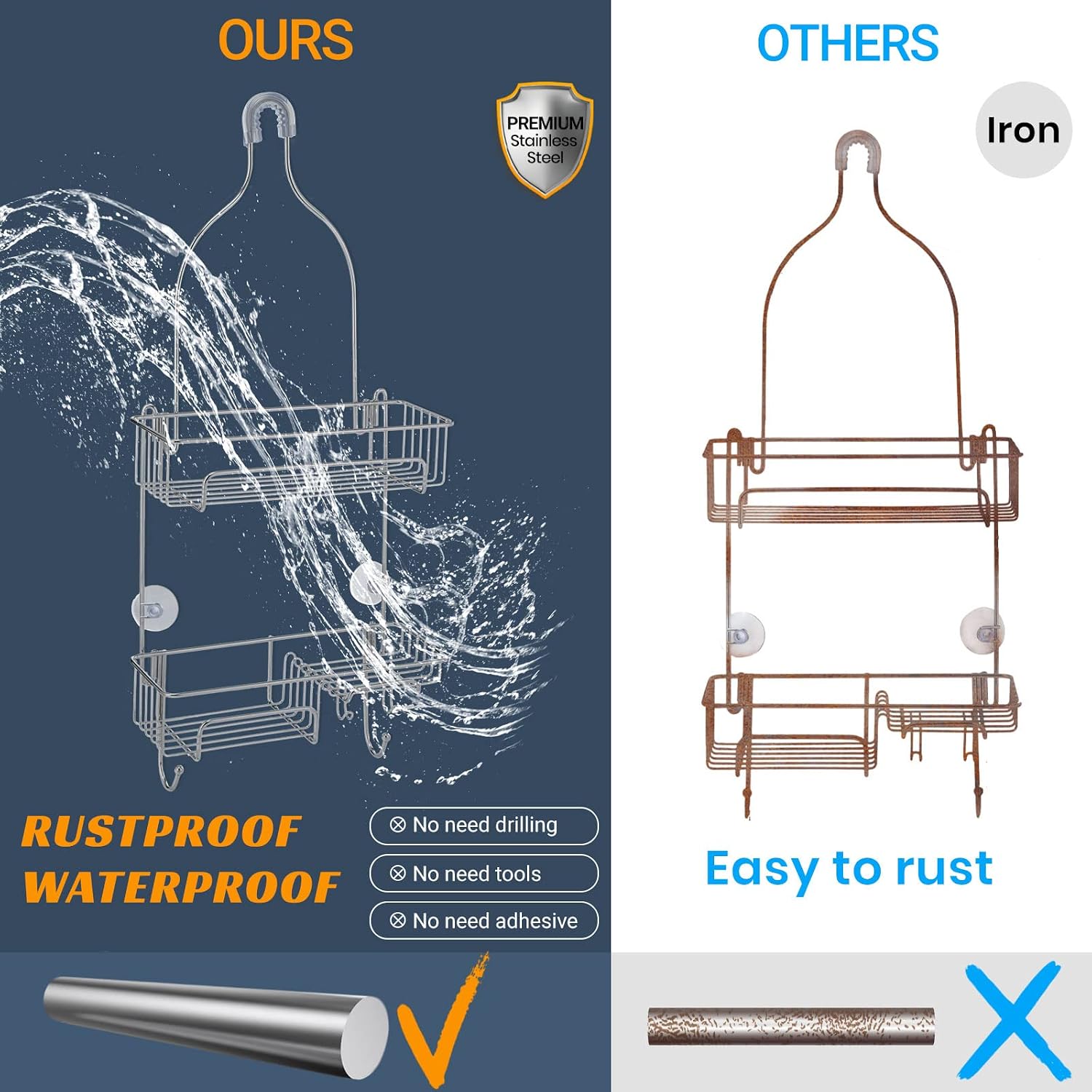 COSYLAND Hanging Shower Caddy Over Shower Head, Rustproof Bathroom Shower Shelf Organizer, SUS201 Stainless Steel Storage Rack for Toilet, Bathroom and Shower Room, Silver