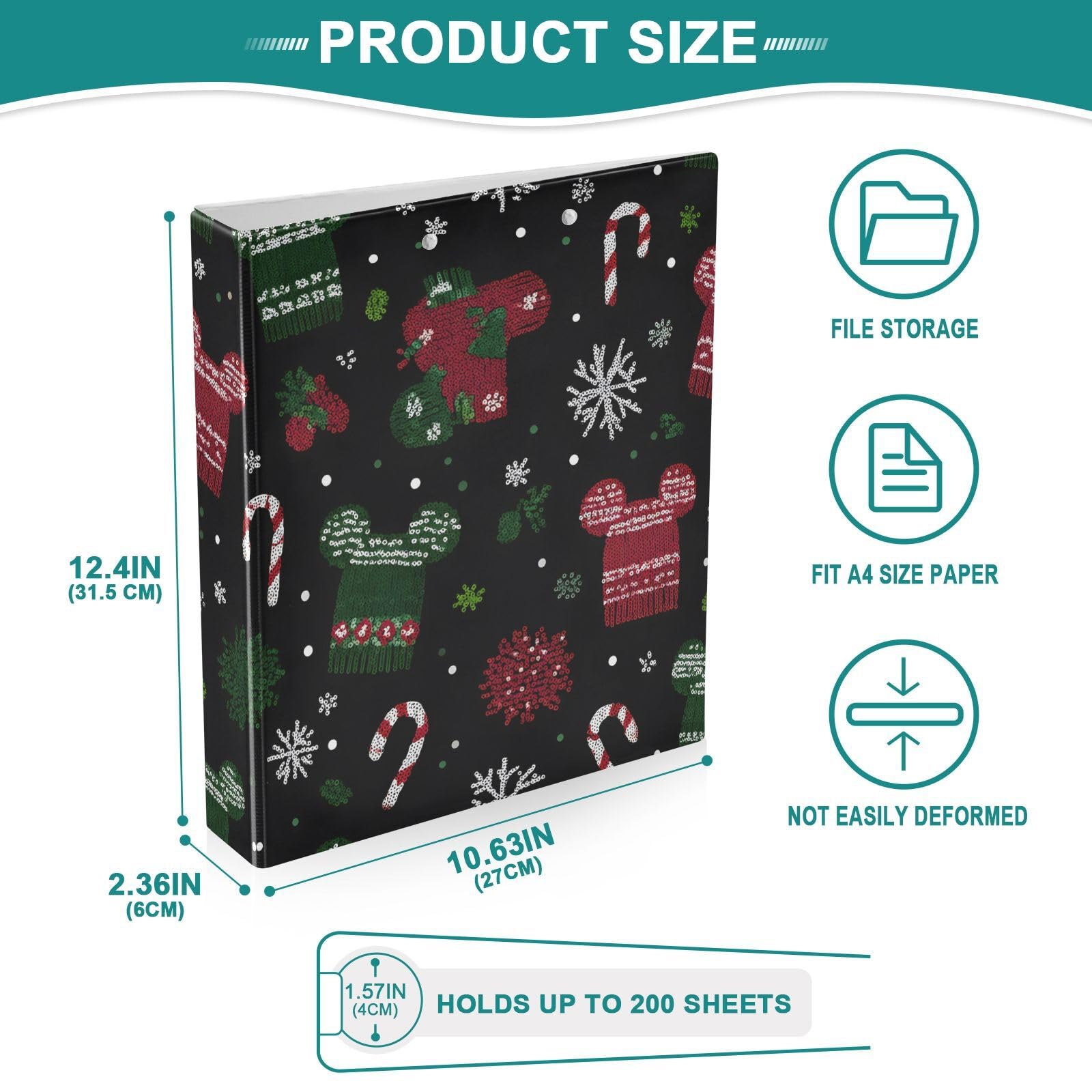 Classeur à 3 anneaux Mickey Mouse avec chapeau de flocon de neige de 3,8 cm, 3 anneaux avec porte-bloc pour papier de 21,6 x 27,9 cm, 3 poches intérieures transparentes en PVC pour fournitures de