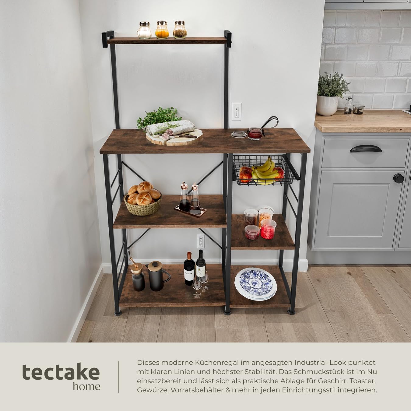 tectake® Küchenregal, Küchenschrank, Regal Metall Holz mit 6 Ablagen, 90x40x131,5cm, Küchenwagen, Kitchen Organizer für Mikrowelle & Geschirr, Kücheninsel - Industrial Dunkelbraun