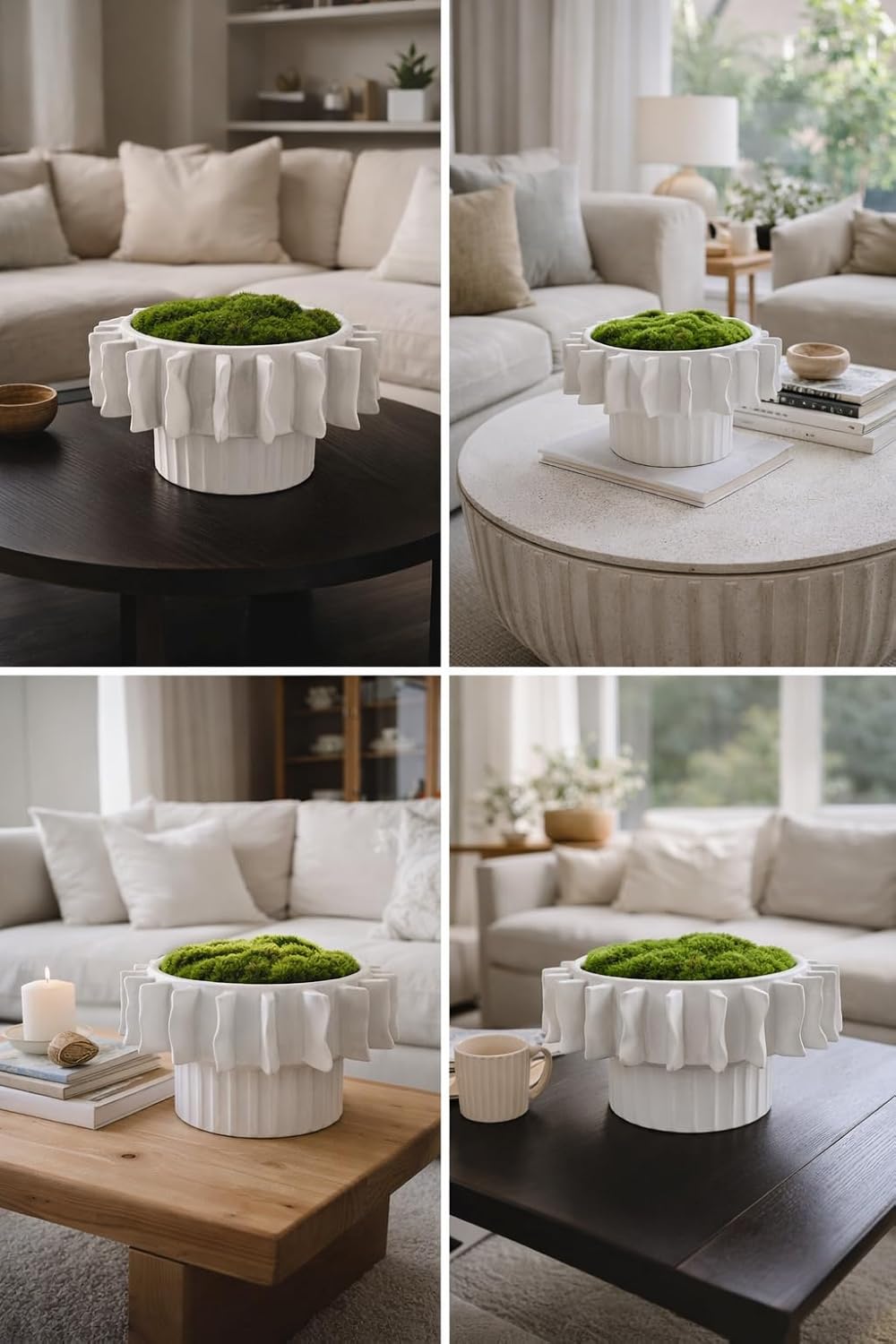 Ribbed Pedestal Moss Bowl | 9 Inch Textured White | Artificial Moss Centerpiece | Modern Decorative Bowl