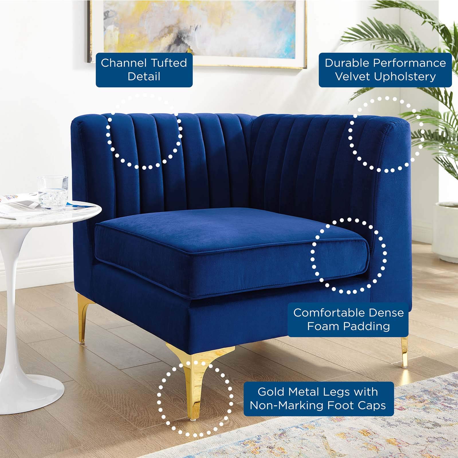 Triumph Channel - Silla esquinera para sofá seccional de terciopelo copetudo, color azul marino, 31.5 x 31.5 x 30.5 pulgadas 6