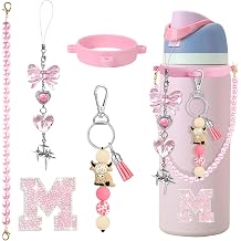 Highland Cow Keychain for Owala Water Bottle Accessories, Bottle Charm Set with Letter Stickers, Pearl Handle Strap & Bow Charm, Fits Owala FreeSip 24oz 32oz 40oz & Sway 30oz 40oz