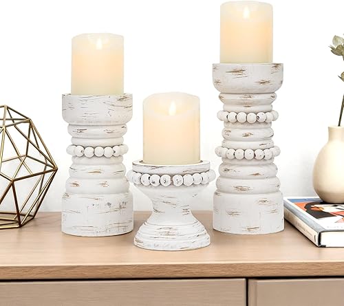 Miniatura 7 de MODE HOME Juego de 3 portavelas de madera rústica, portavelas de pilar de madera con cuentas de granja, portavelas para velas de pilar y
