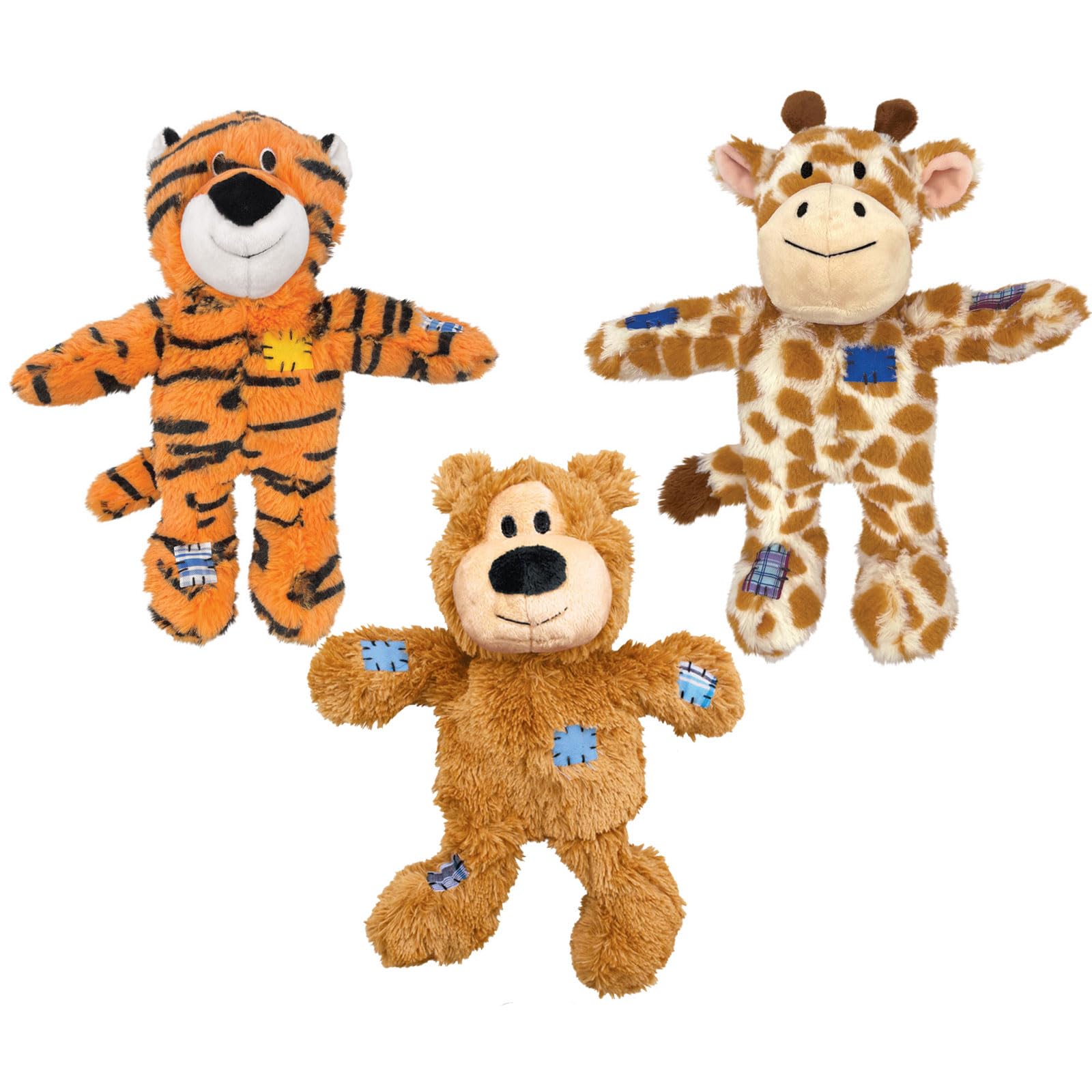 KONG Wild Knots Lot de 3 jouets pour chien – Ours, girafe et tigre – Jouets en peluche durables avec corde nouée interne et couineur – Extérieur doux, intérieur robuste – Idéal pour tirer et mâcher