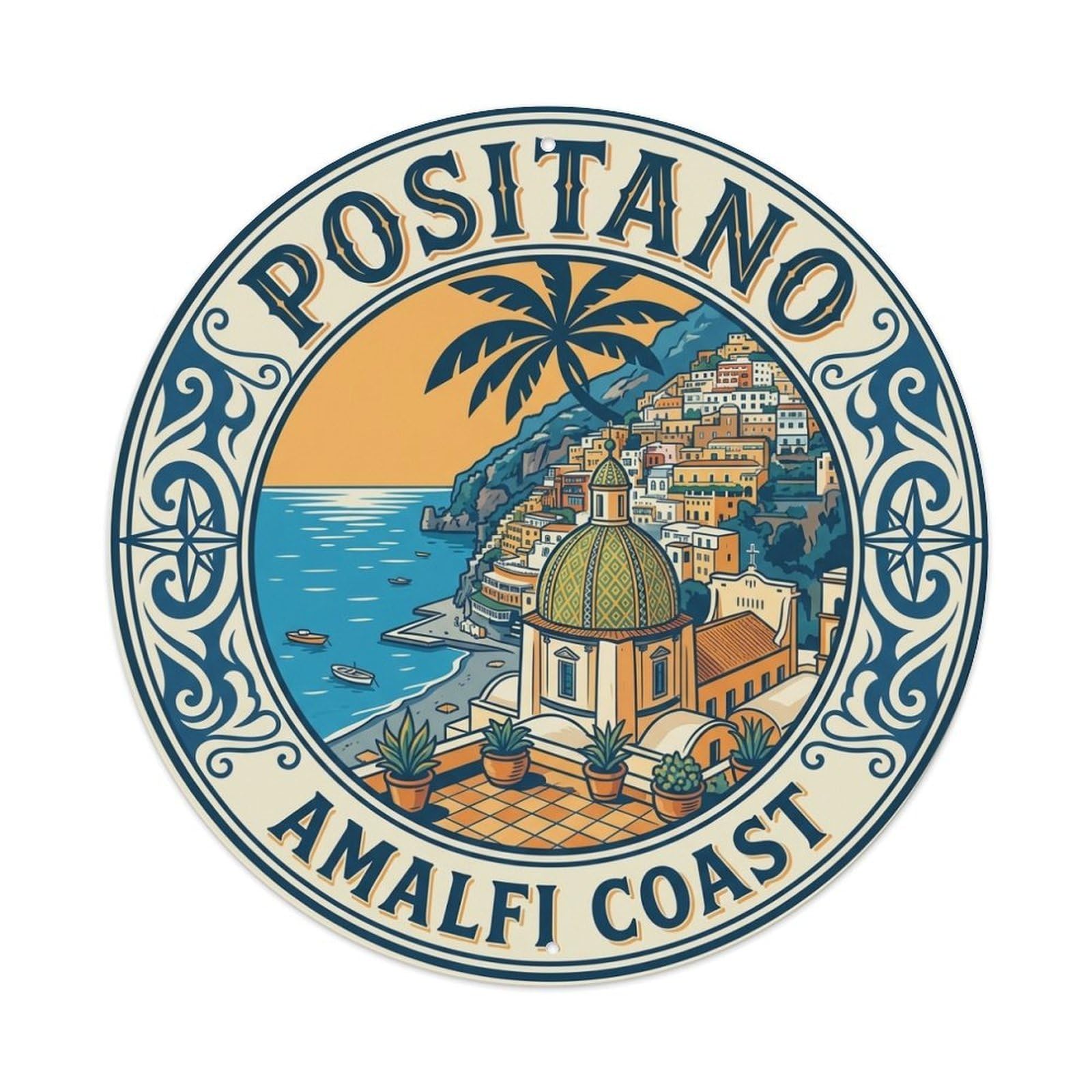 Positano Italy European City Landmark Classic Europe Scenic Metal Tin Sign Plaque Wall Decor for Cafe, Man Cave, Club Bar, Office, Home Garden Round Metal Poster 8x8Inch