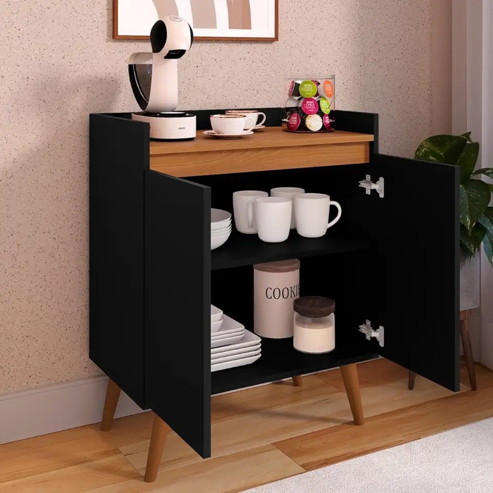Armário Aparador Cantinho Do Café Buffet 2 Portas Com Prateleira (Preto/Freijó)