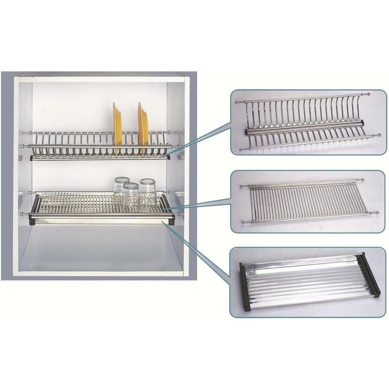 Kit Scolapiatti da Incasso in Acciaio Inox Design 56/76/86 cm con Attacco a Molle Completo di Vaschetta Raccogli Gocce (Lunghezza 86 cm)