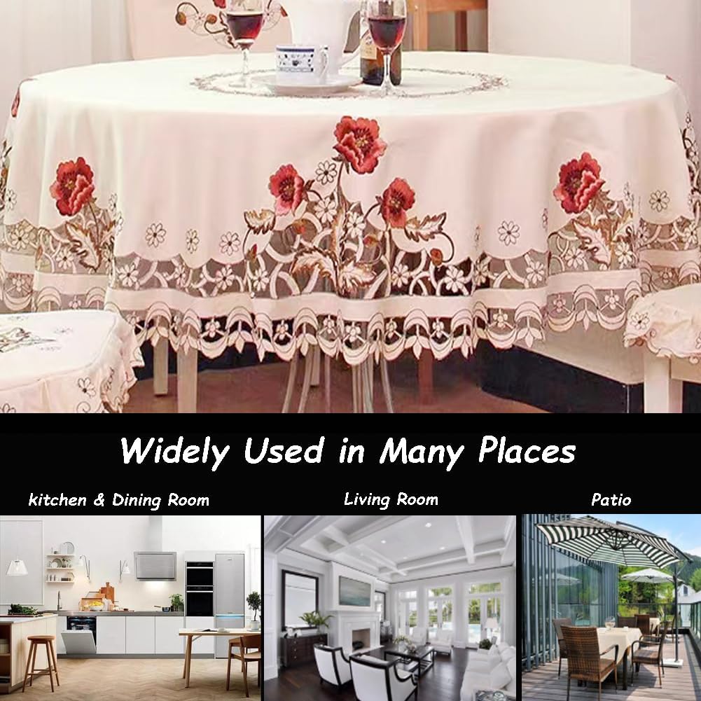 MULBESS Cutwork Round Table Cloth Floral Embroidered Lace Tablecloth Wrinkle Free & Stain Resistant Fabric Tablecloths Table Cover for Kitchen Dinner Home Decor (Round 68 inch)