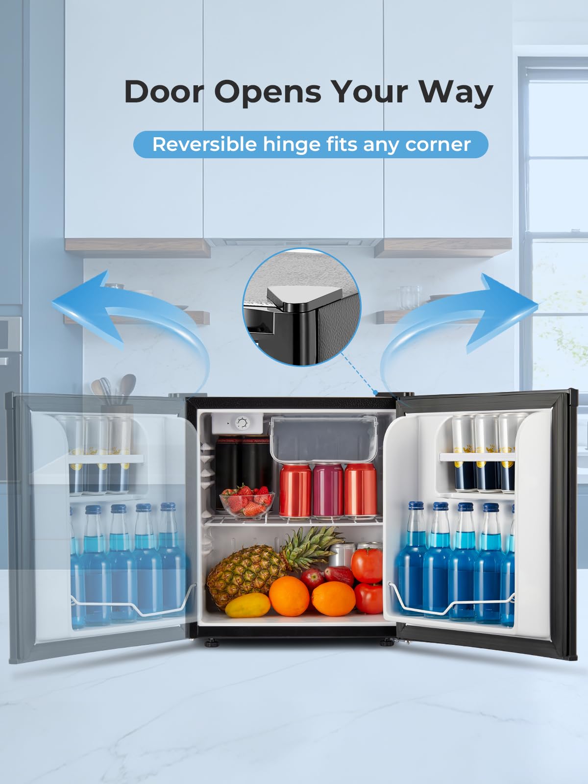 FOHERE Mini Frigorífico 46L, Nevera Pequeña, 7 Niveles de Enfriamiento, Eficiente y Ahorro de Energía, Ultra Silenciosa, Puerta Reversible y Patas Ajustables, para Hotel, Oficina, Dormitorio, Negro