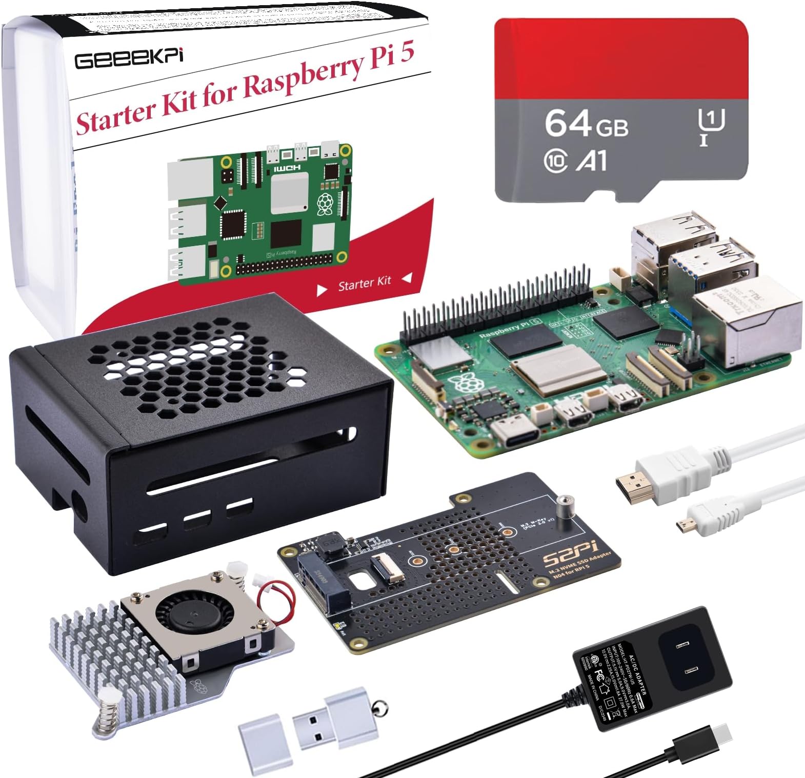 GeeekPi Starter Kit for Raspberry Pi 5 8GB, with N04 M.2 NVMe SSD PCIe Peripheral Card, Metal Case, Official Active Cooler, 64GB SD Card and Card Reader, HDMI Cable, 27W USB C 5.1V 5A Power Supply