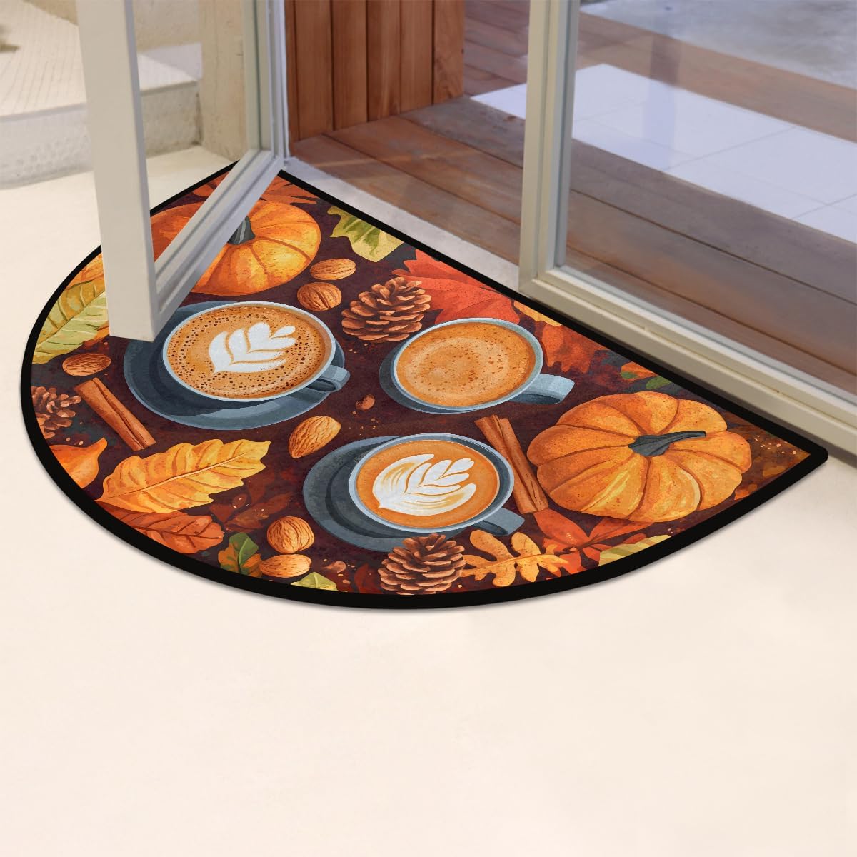 Coffee Maple Autumn Half Round Door Mat Non Slip Washable Semi Circle Area Rug Absorbent Soft Half Moon Rug Floor Mat for Indoor Outdoor Kitchen Bathroom Patio Front Door Mat Decor