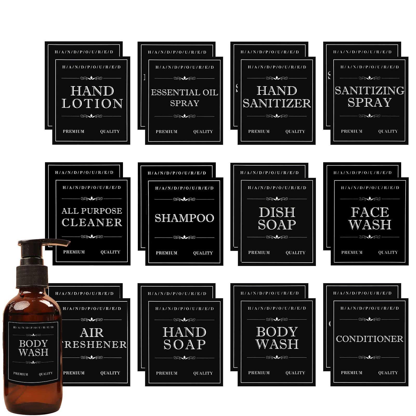 Photo 1 of 24 Pcs Black Waterproof Labels for Plastic or Glass Bottles, Removable Waterproof Labels for Bottles Bathroom, Hand Soap Shampoo Dispenser Label Sticker Label for Soap, Lotion, Shampoo and Conditioner