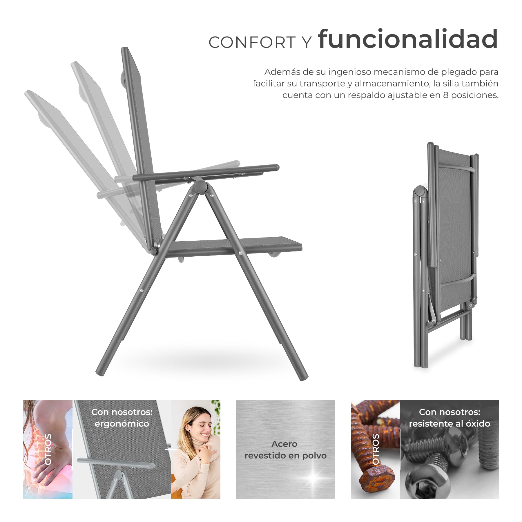 tectake® Conjunto de 2 Sillas Jardín Exterior de Aluminio, con Respaldo Regulable, Conjunto Sillas Terraza Resistentes a la Intemperie, Malla Transpirable, Fácil Limpieza - Antracita/Gris