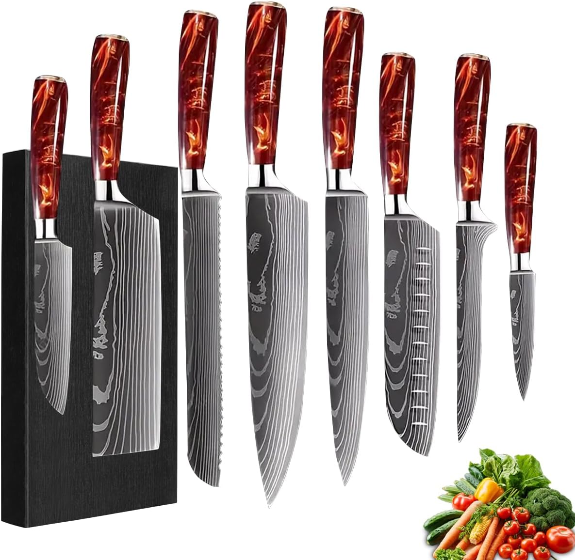 8-Piece Premium Japanese Kitchen Knife Set - Star Collection, Laser Damascus Pattern, 440A Stainless Steel Ultra Sharp for Fast Cutting (DMS-8A-Red)