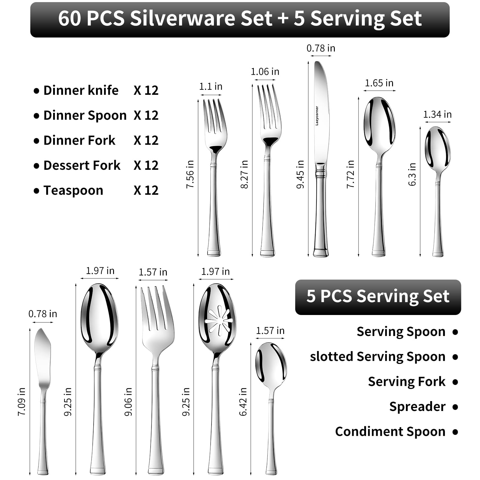 Silverware Set Service for 12, 18/10 Stainless Steel, 65 Piece Set, Flatware Cutlery Set with Serving Utensils, Mirror Polished